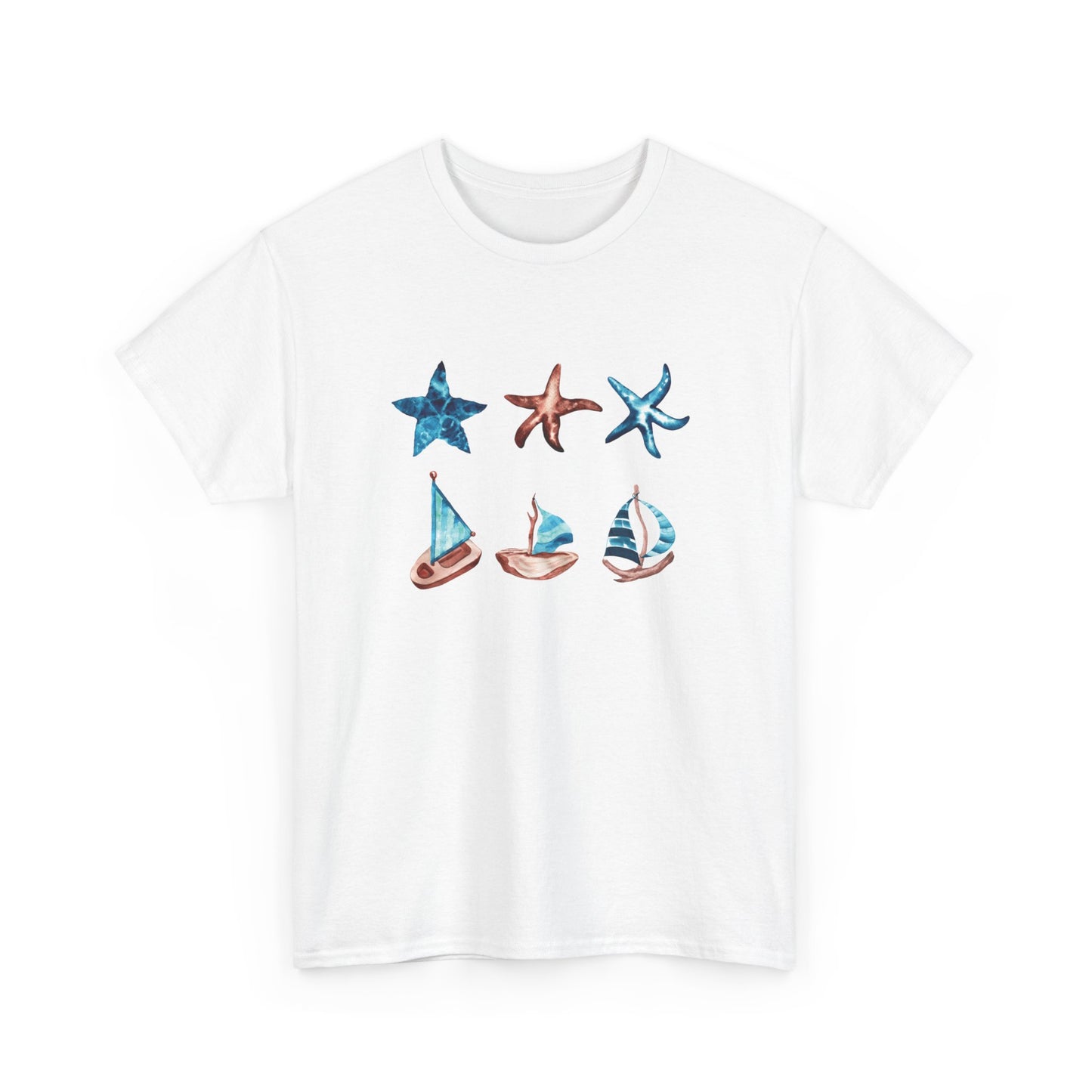 Watercolor Starfish and Sailboats Short Sleeve Tee