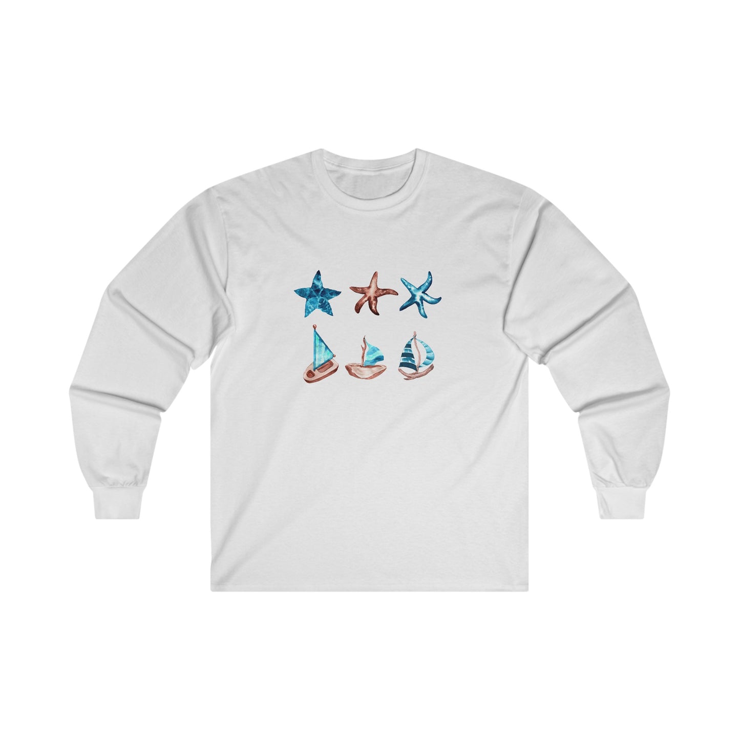 Watercolor Starfish and Sailboat Long Sleeve Tee
