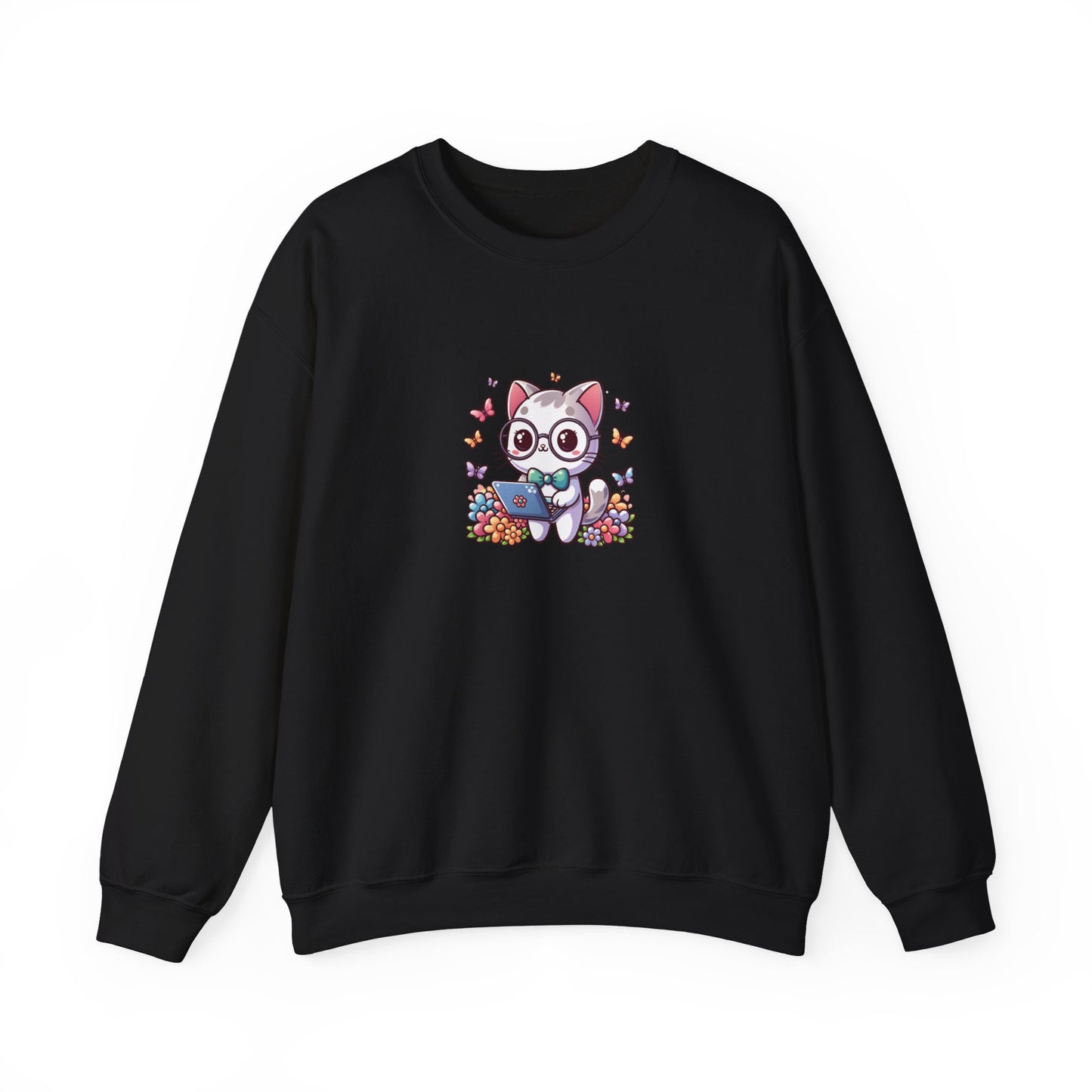 Gray Cat with Flowers and Laptop Sweatshirt