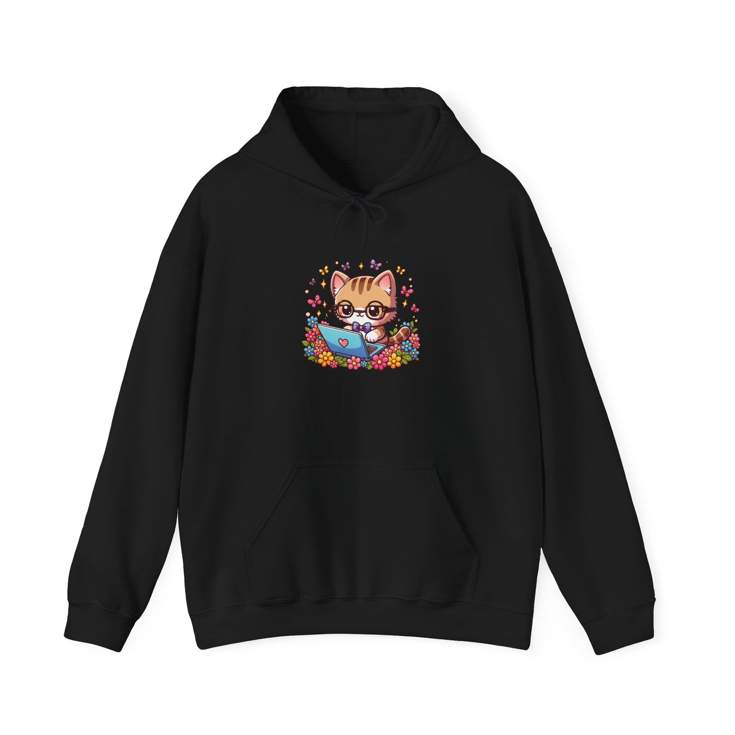 Cat with Flowers and Laptop Hooded Sweatshirt