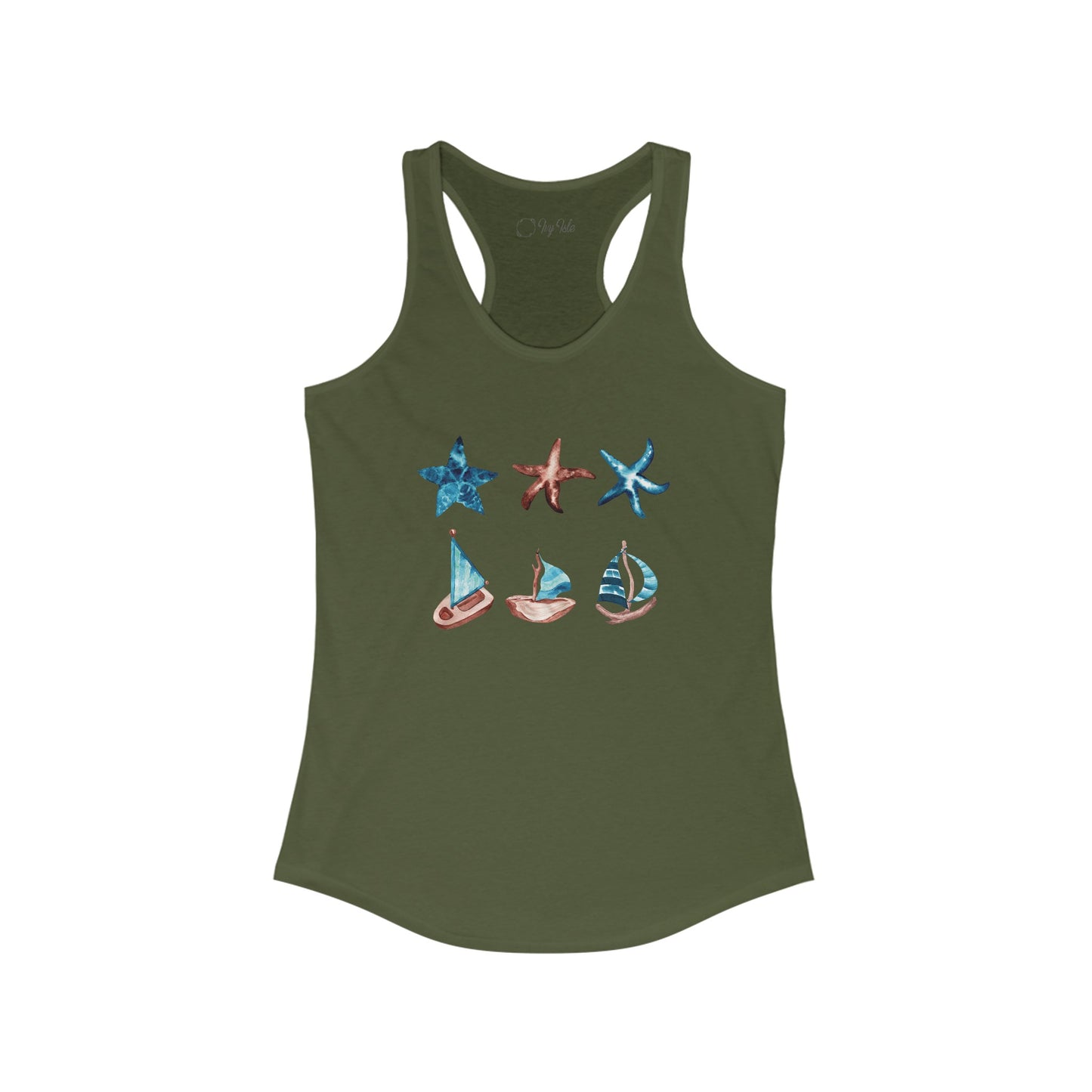 Watercolor Starfish and Sailboat Racerback Tank