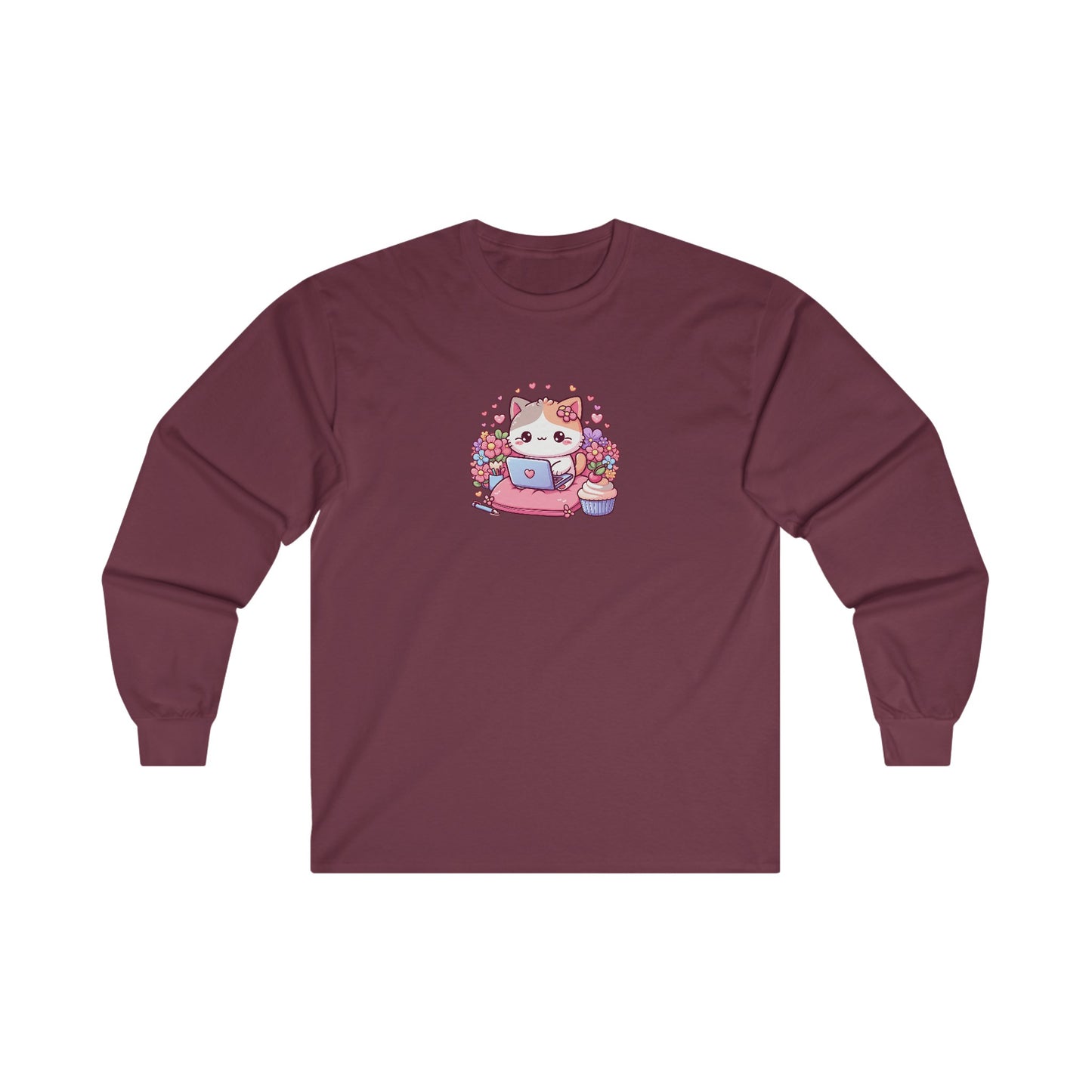 Cat with Cupcake and Laptop Long Sleeve Tee