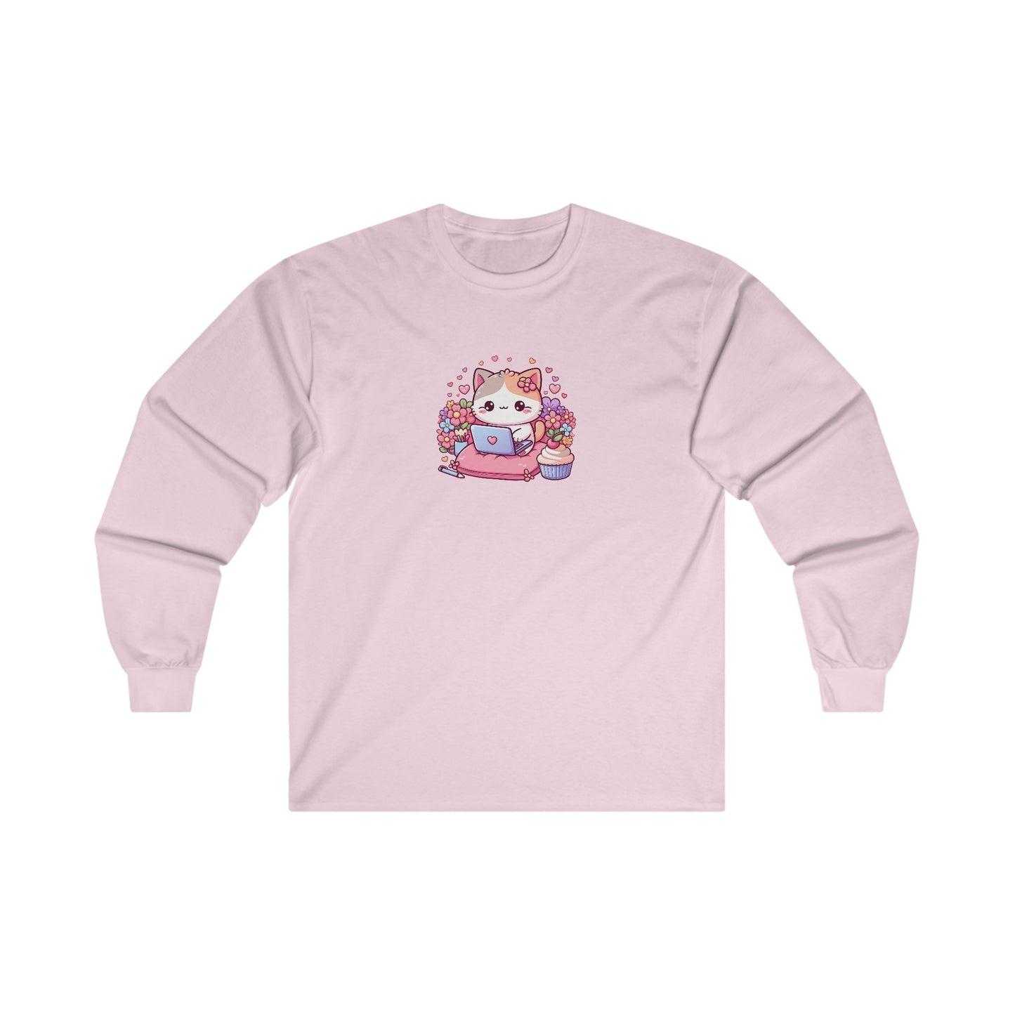 Cat with Cupcake and Laptop Long Sleeve Tee