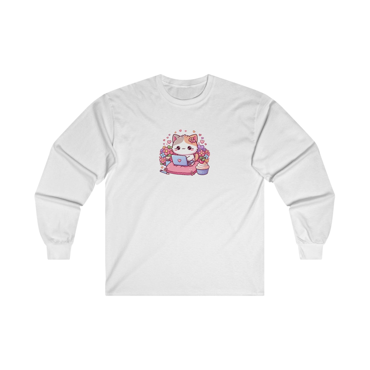 Cat with Cupcake and Laptop Long Sleeve Tee
