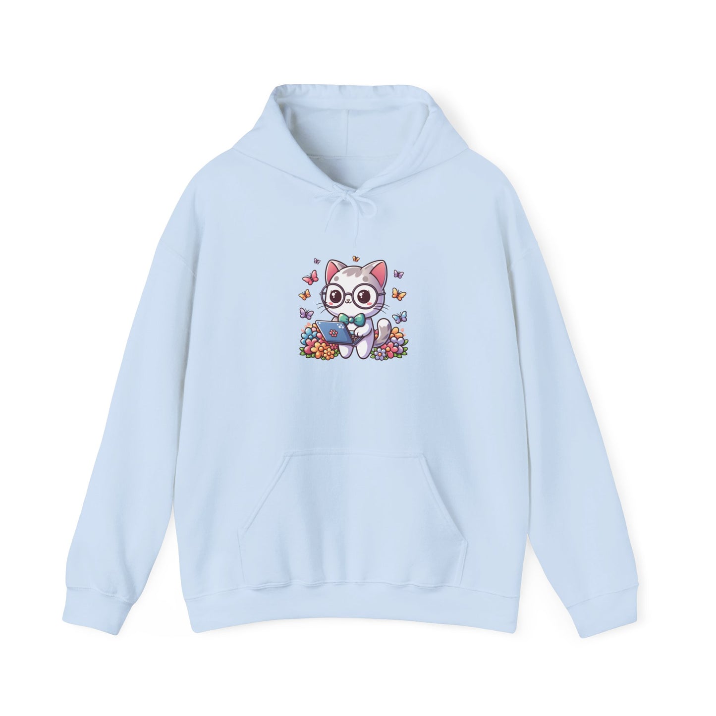 Gray Cat with Flowers and Laptop Hooded Sweatshirt