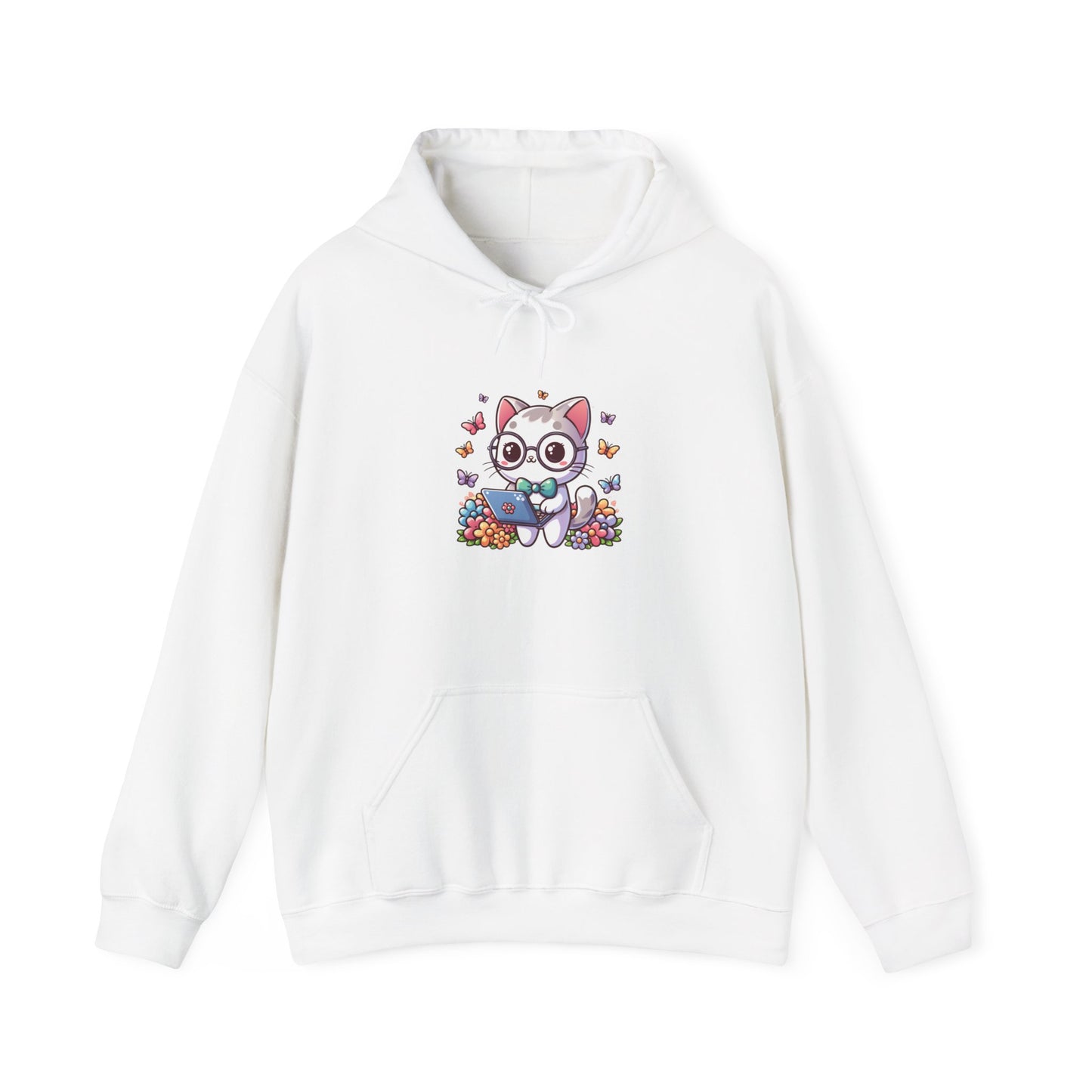 Gray Cat with Flowers and Laptop Hooded Sweatshirt
