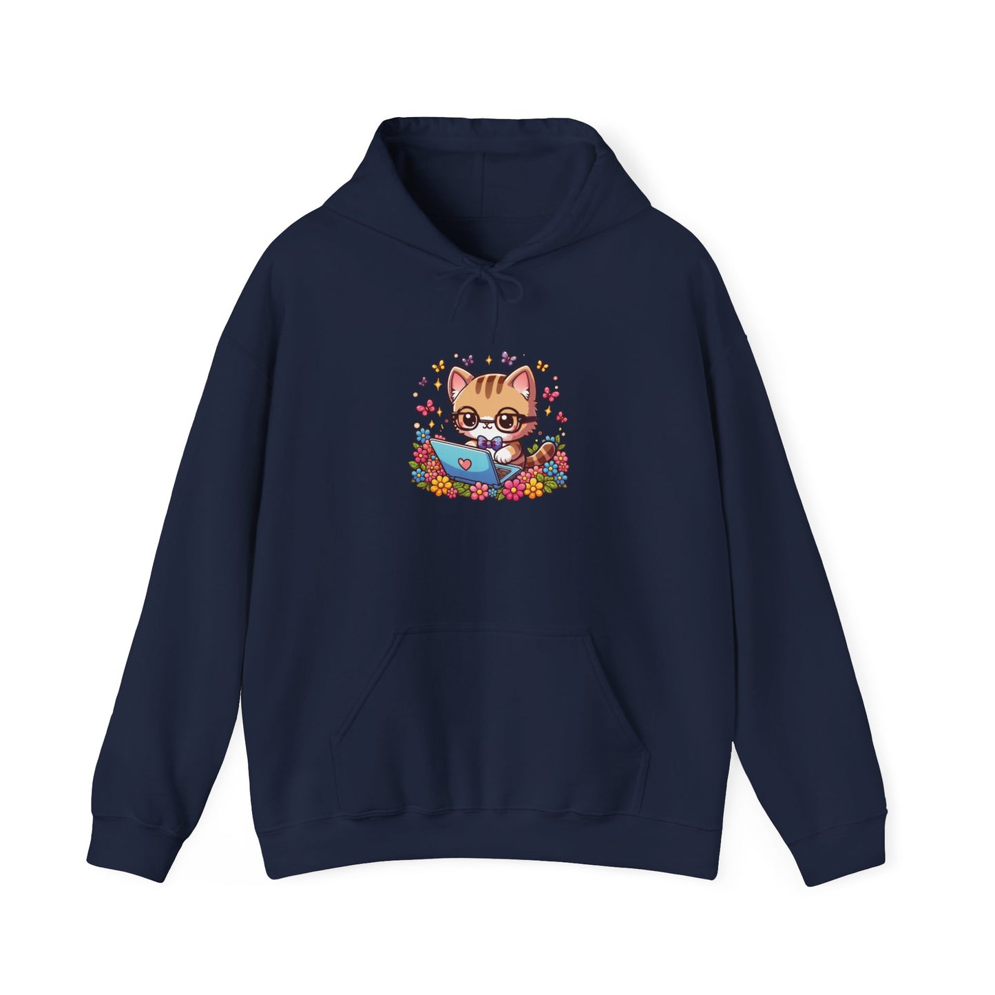 Cat with Flowers and Laptop Hooded Sweatshirt