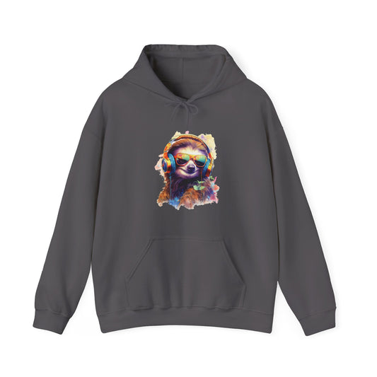 Sloth with Headphones Hooded Sweatshirt