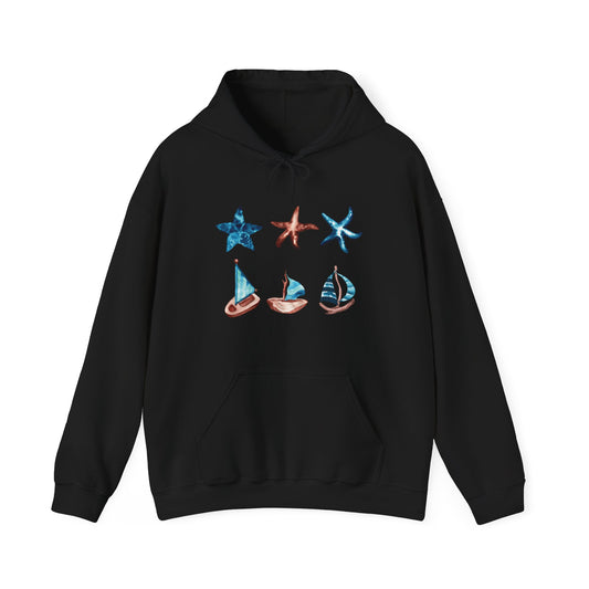 Watercolor Starfish and Sailboats Hooded Sweatshirt