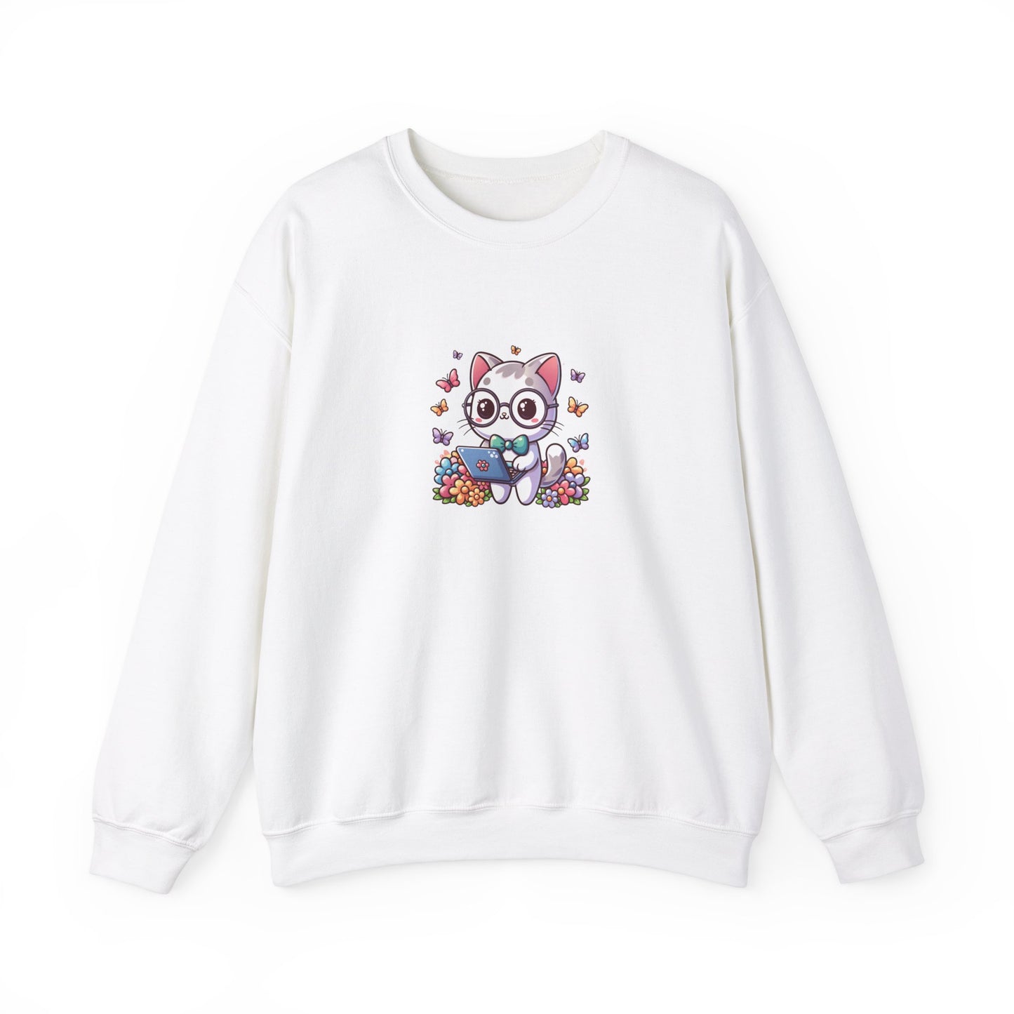 Gray Cat with Flowers and Laptop Sweatshirt