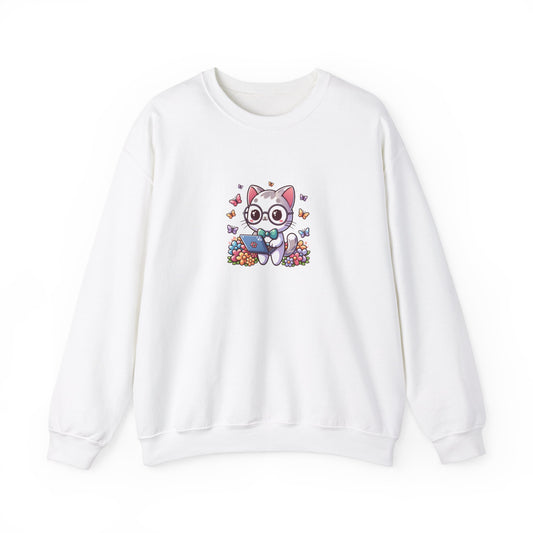 Gray Cat with Flowers and Laptop Sweatshirt