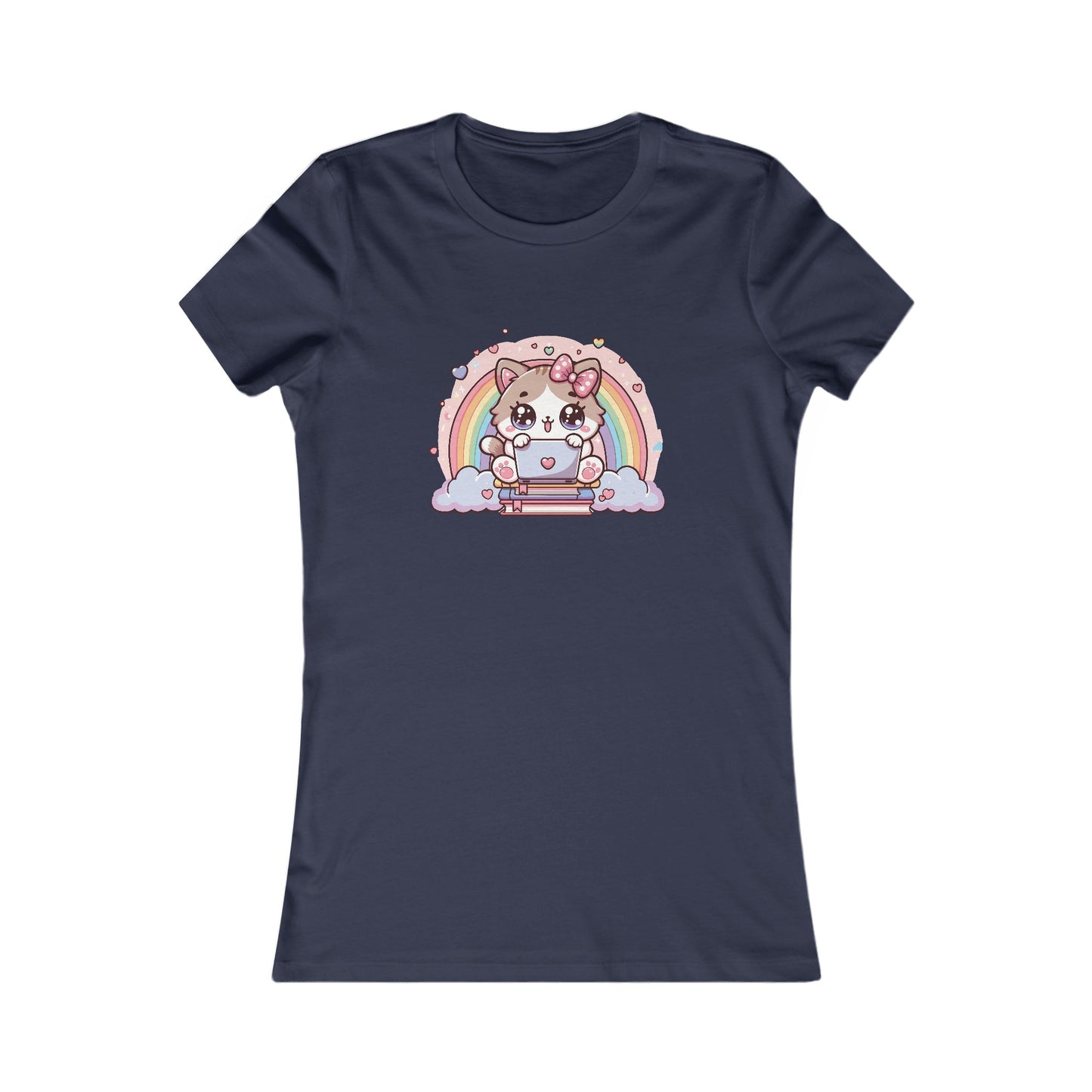 Cat with Rainbow and Laptop Fitted Tee