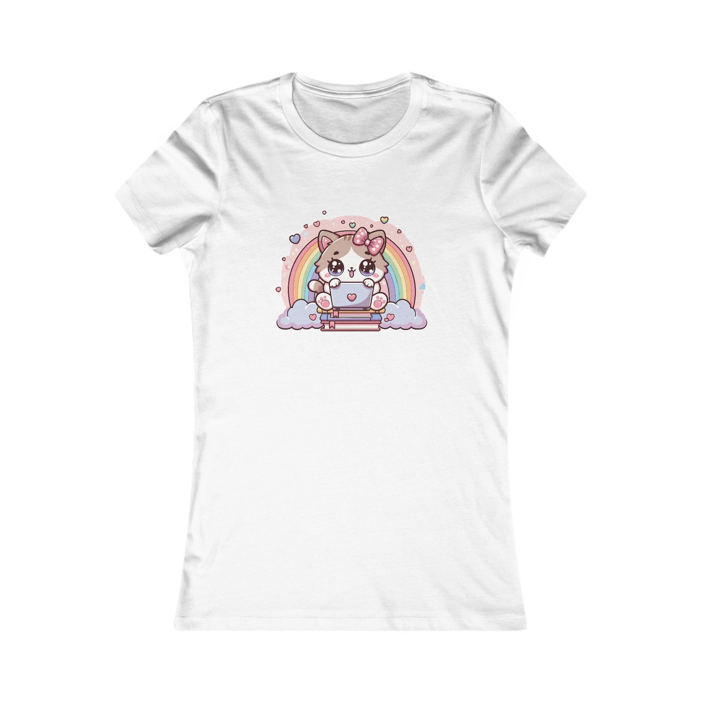 Cat with Rainbow and Laptop Fitted Tee