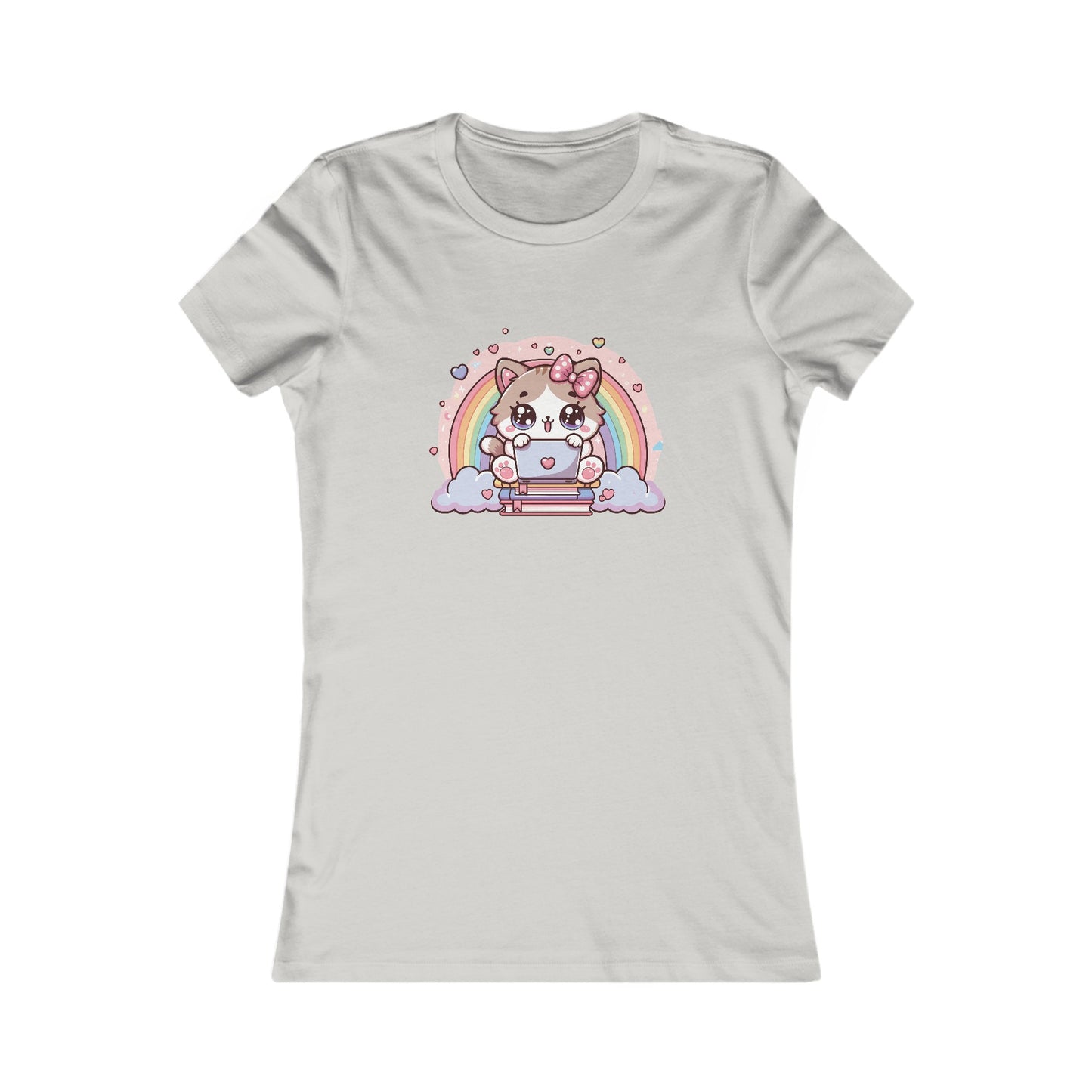 Cat with Rainbow and Laptop Fitted Tee