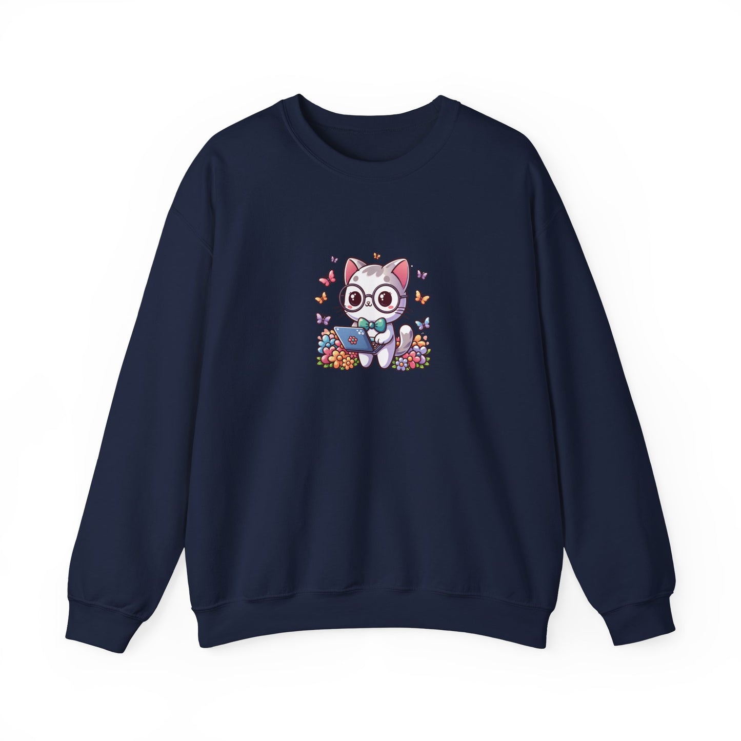 Gray Cat with Flowers and Laptop Sweatshirt