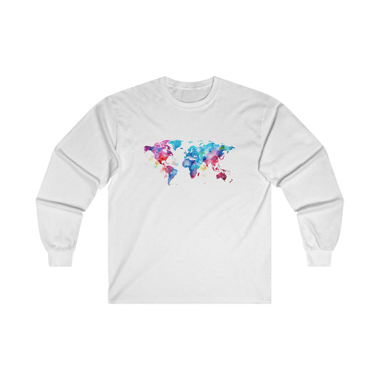Watercolor World Map Long Sleeve Tee