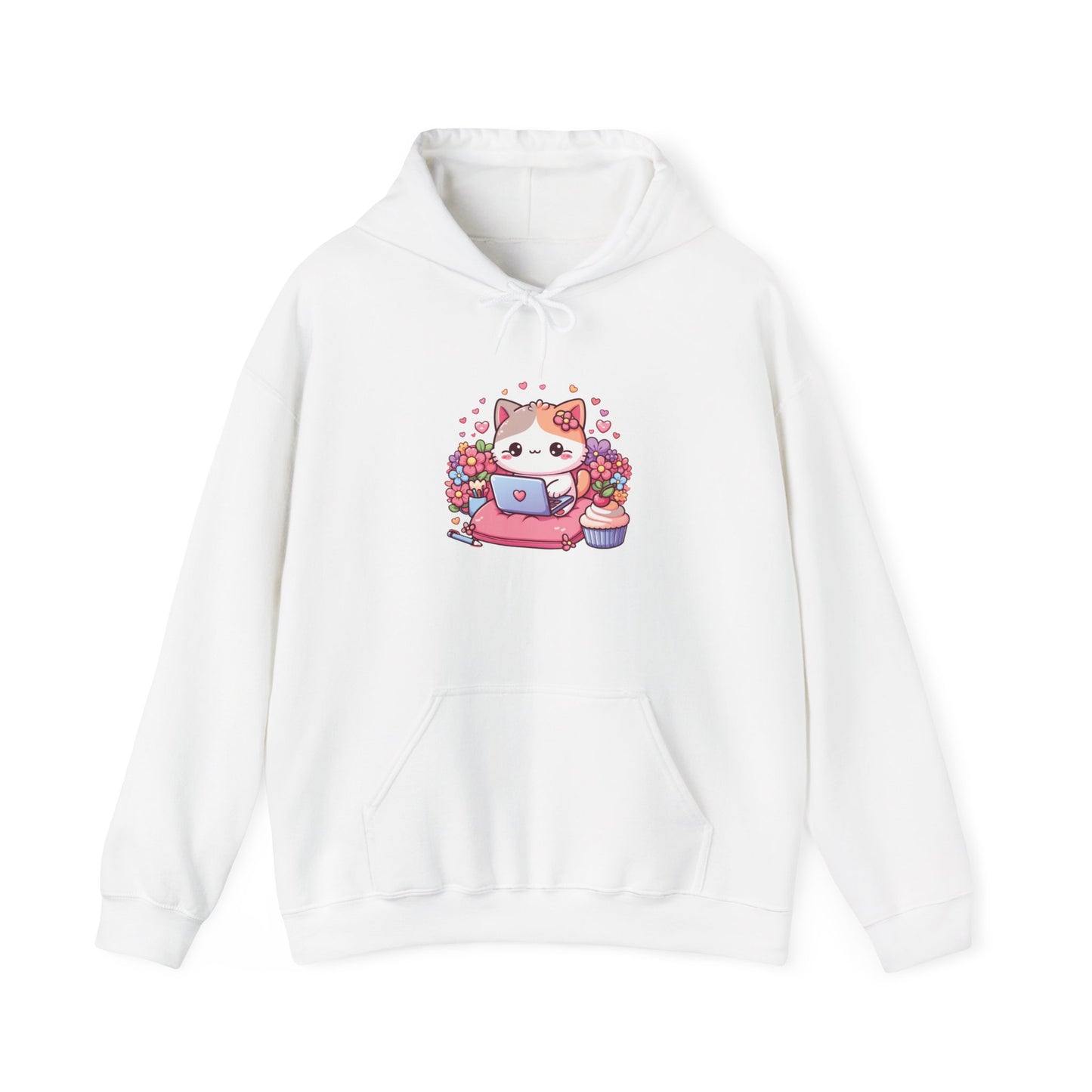 Cat with Cupcake and Laptop Hooded Sweatshirt