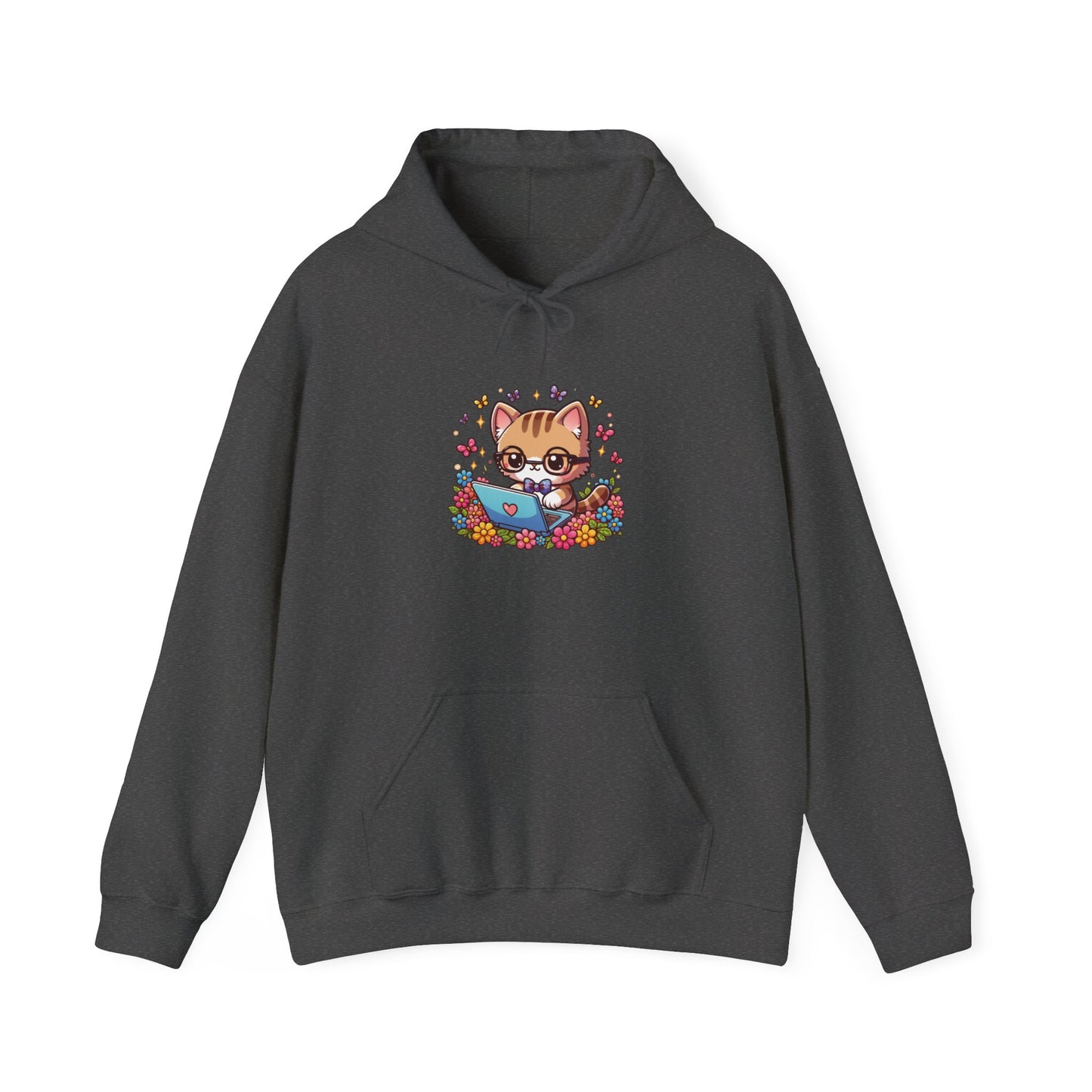 Cat with Flowers and Laptop Hooded Sweatshirt