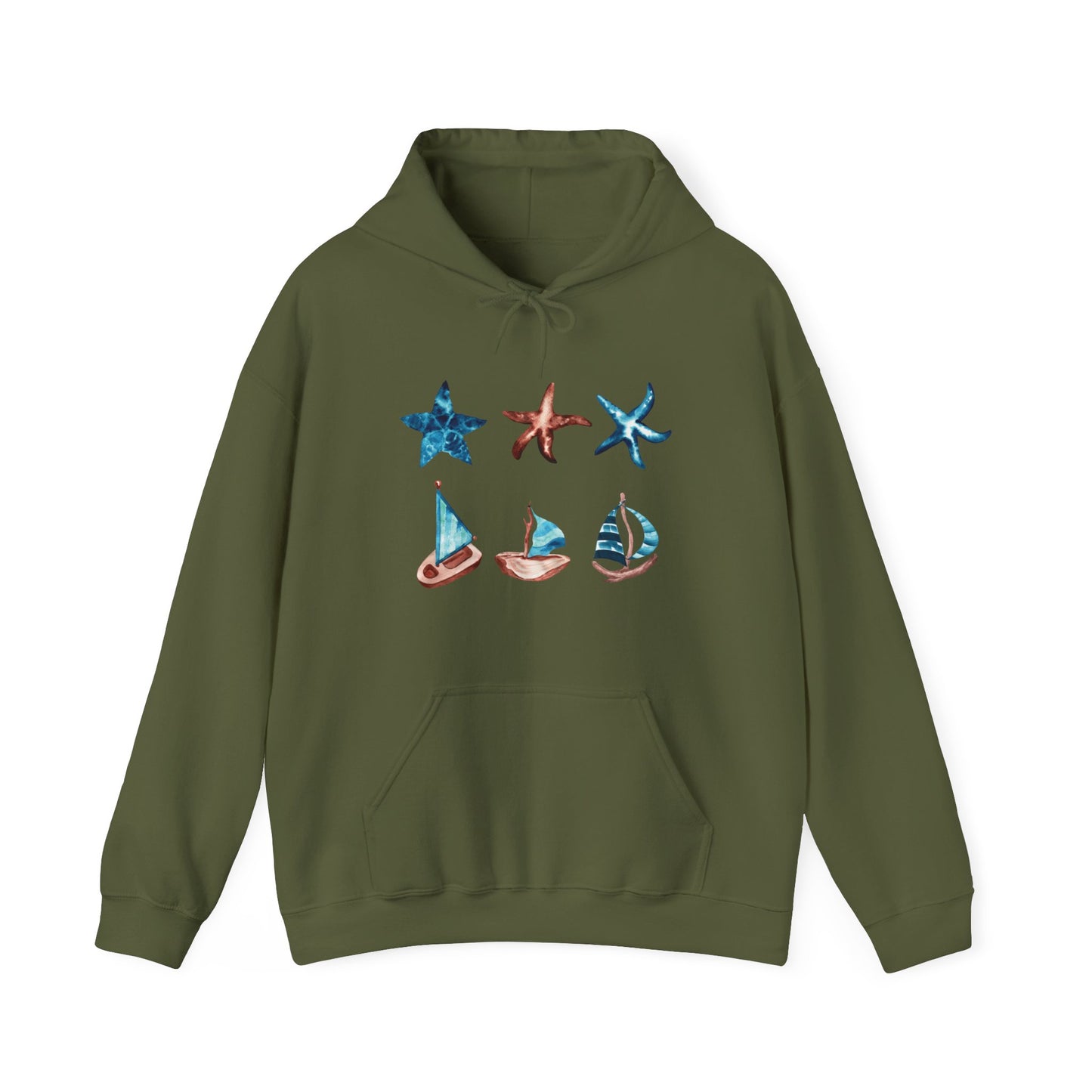 Watercolor Starfish and Sailboats Hooded Sweatshirt