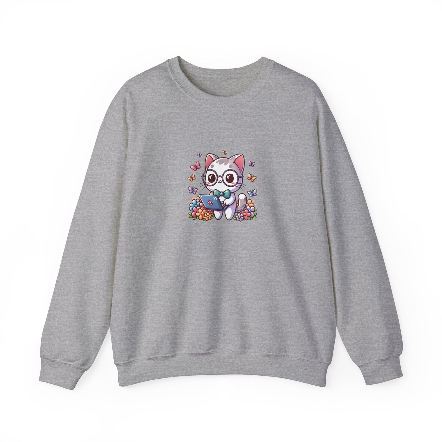 Gray Cat with Flowers and Laptop Sweatshirt