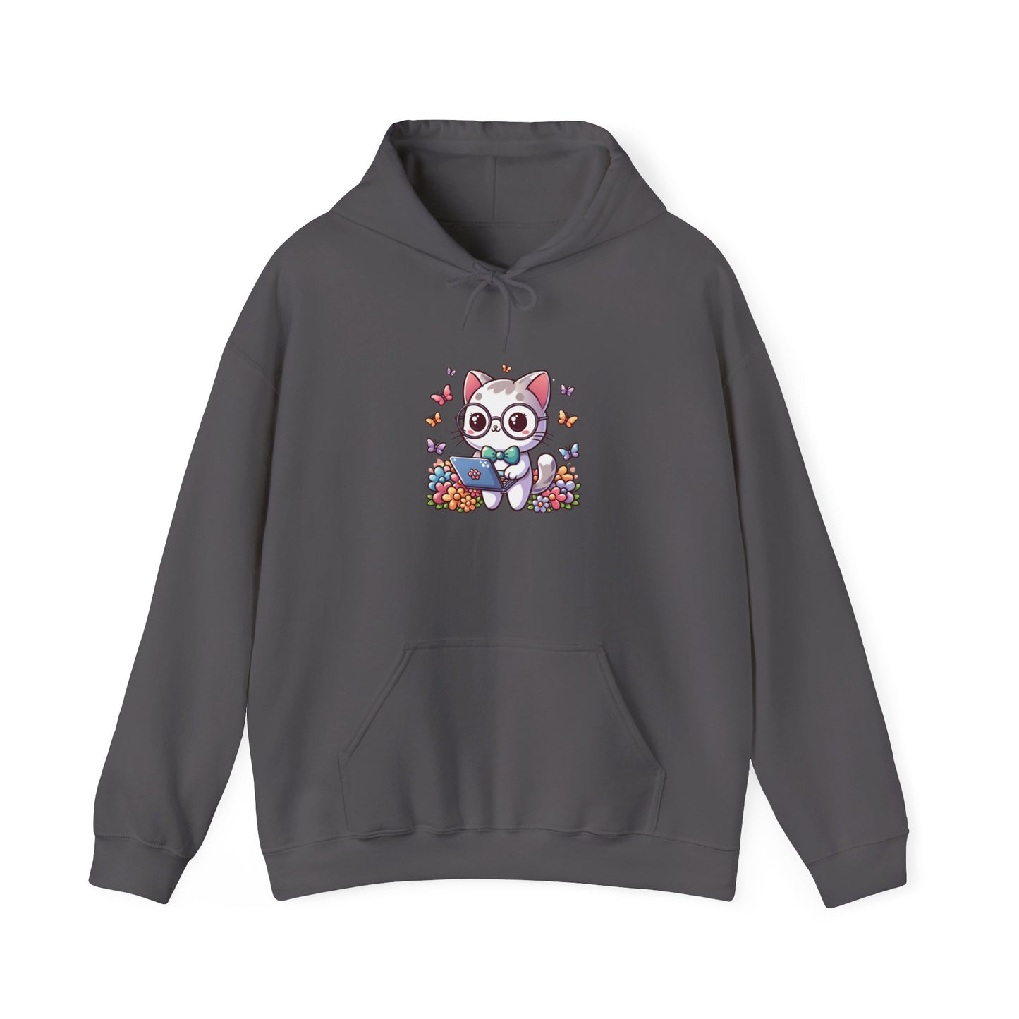 Gray Cat with Flowers and Laptop Hooded Sweatshirt