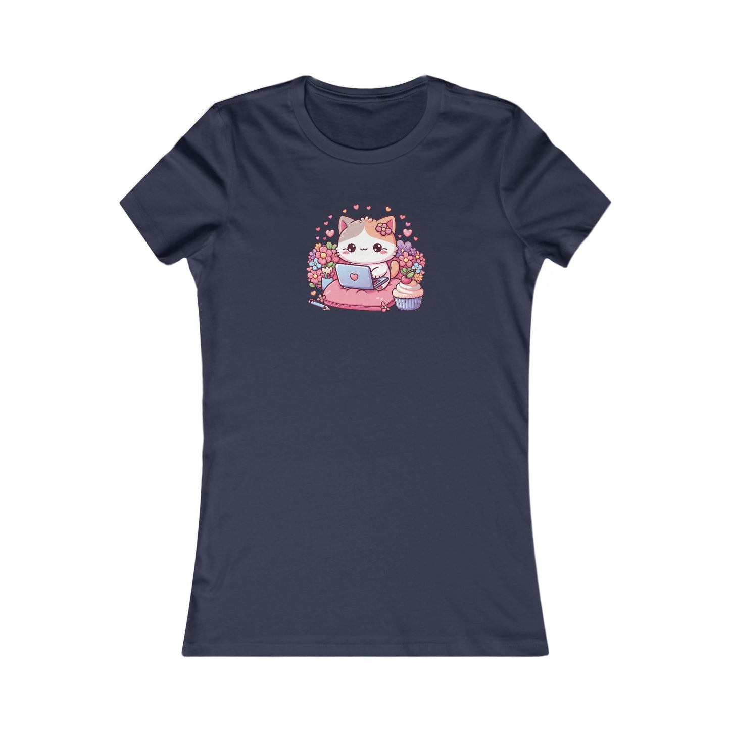 Cat with Cupcake and Laptop Fitted Tee