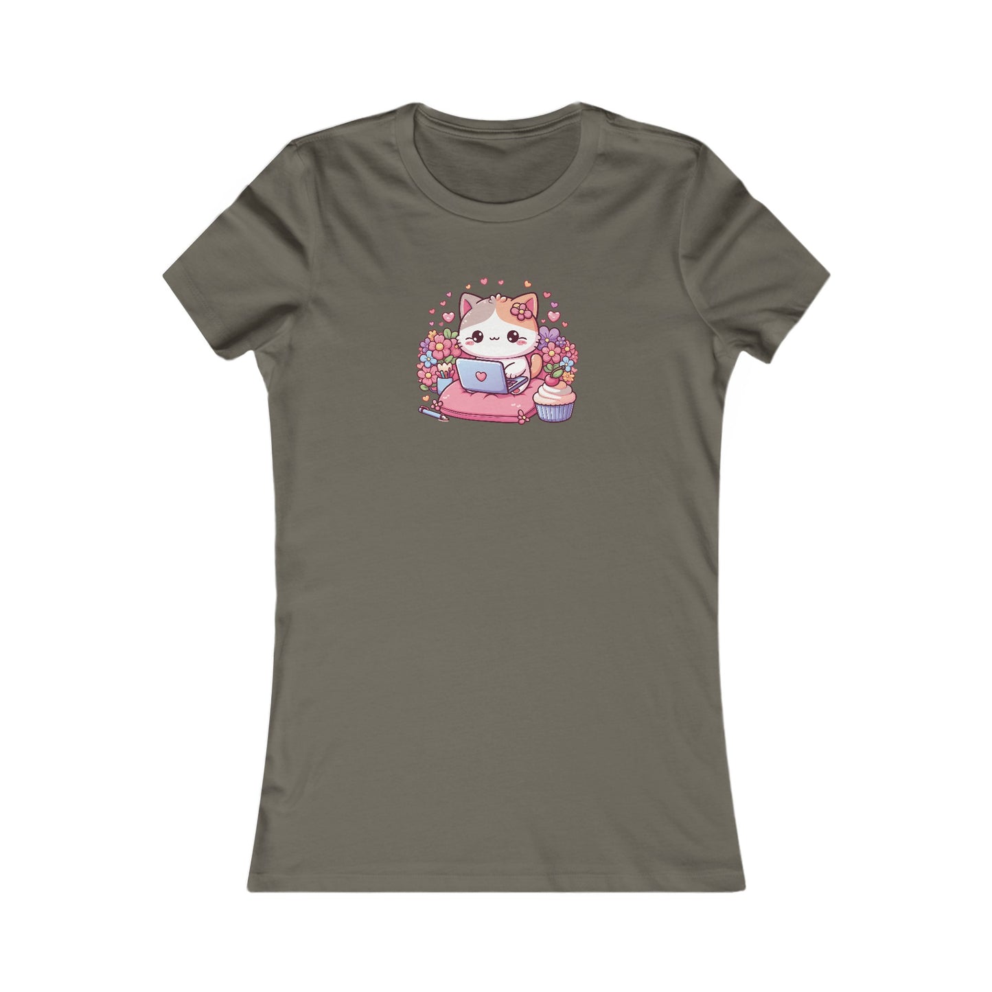 Cat with Cupcake and Laptop Fitted Tee