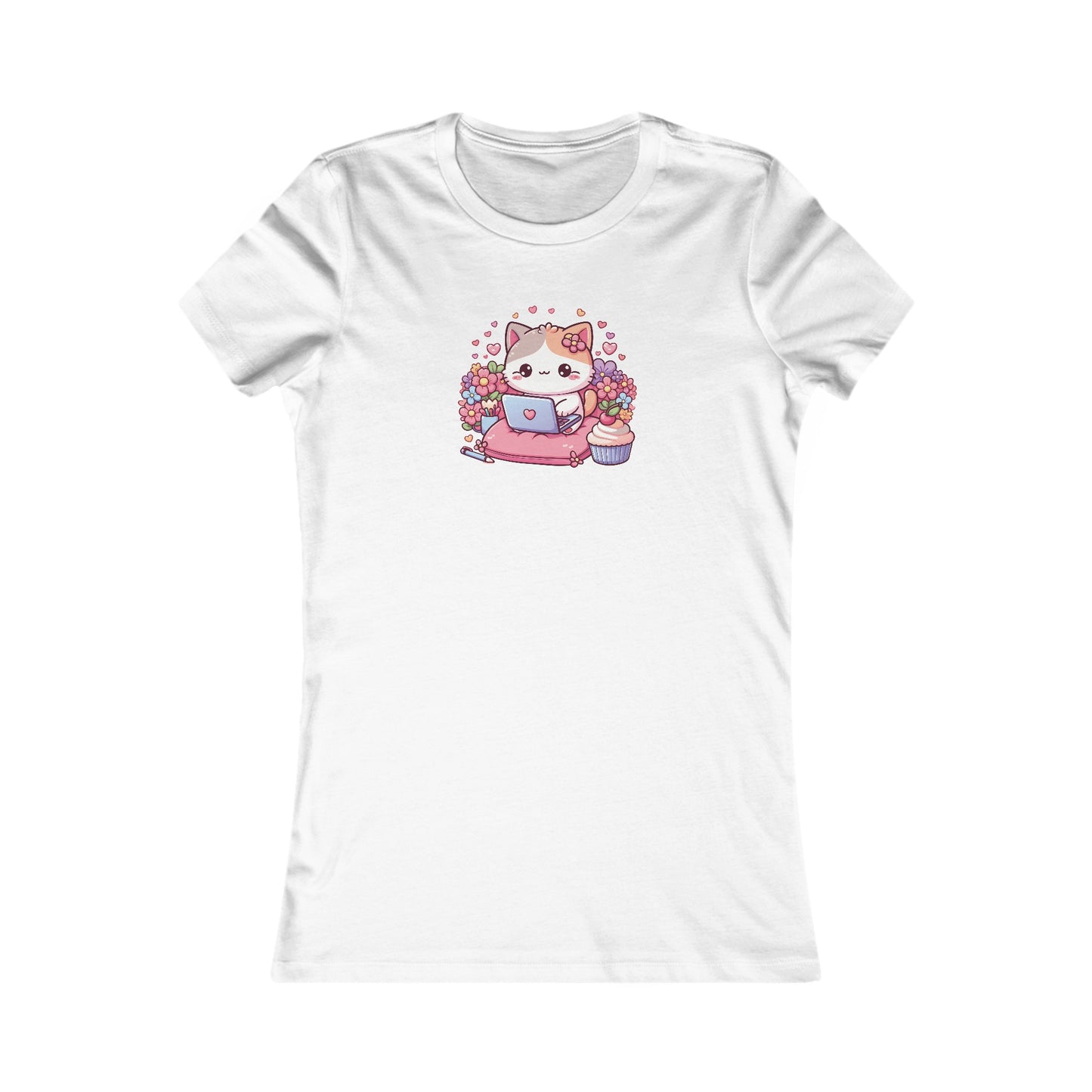 Cat with Cupcake and Laptop Fitted Tee