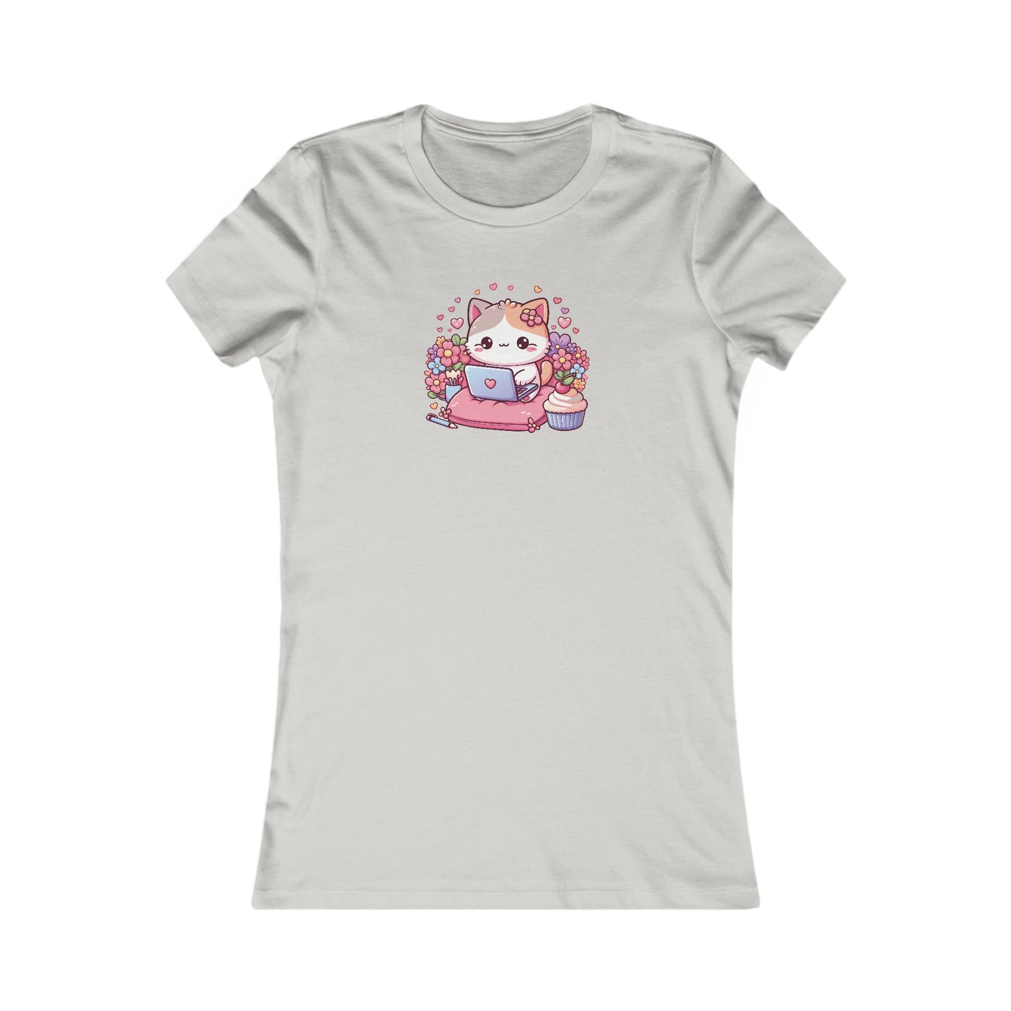 Cat with Cupcake and Laptop Fitted Tee