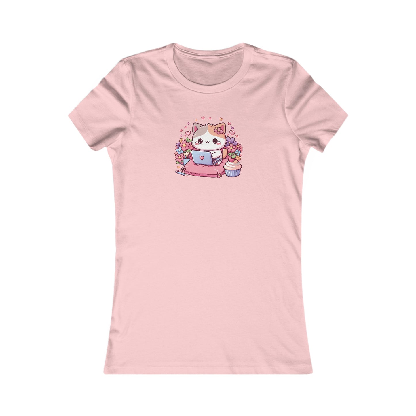 Cat with Cupcake and Laptop Fitted Tee
