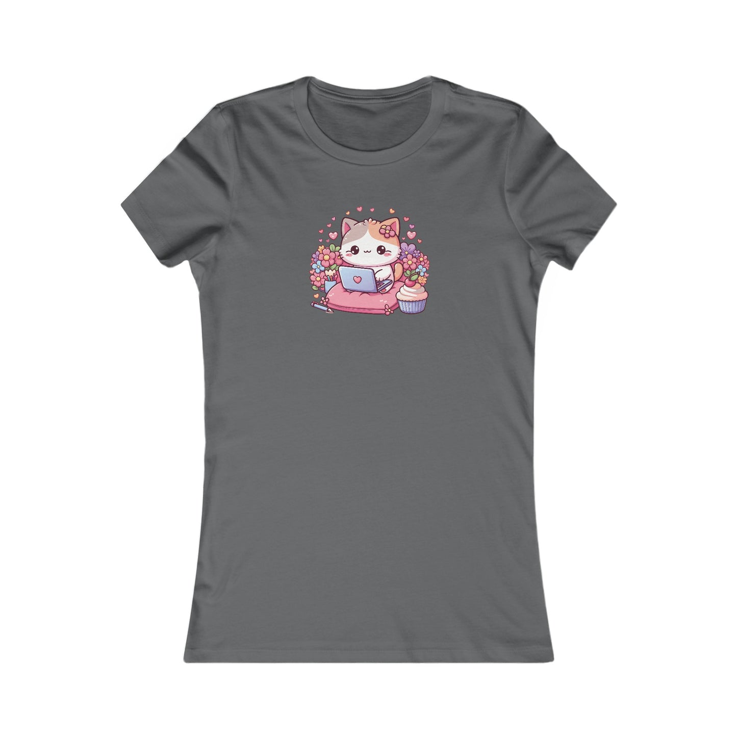 Cat with Cupcake and Laptop Fitted Tee