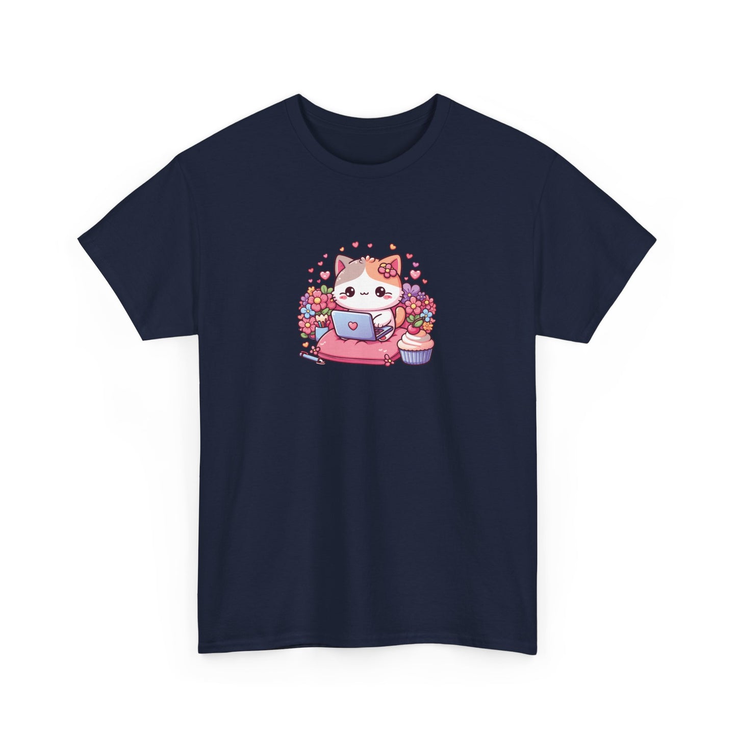 Cat with Cupcake and Laptop Short Sleeve Tee