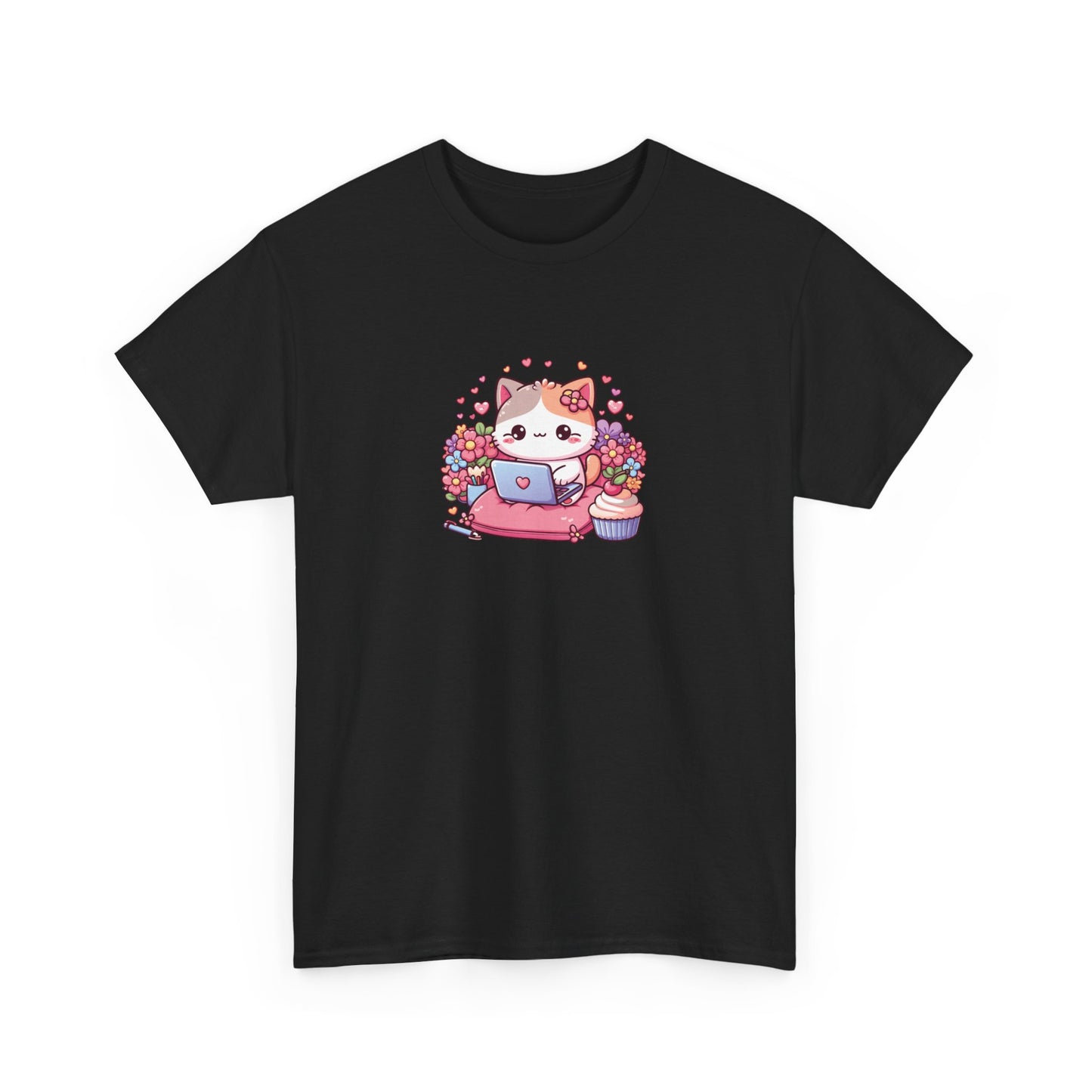 Cat with Cupcake and Laptop Short Sleeve Tee