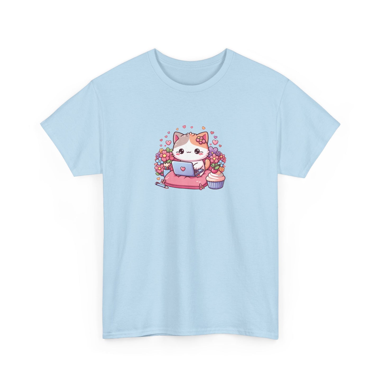 Cat with Cupcake and Laptop Short Sleeve Tee