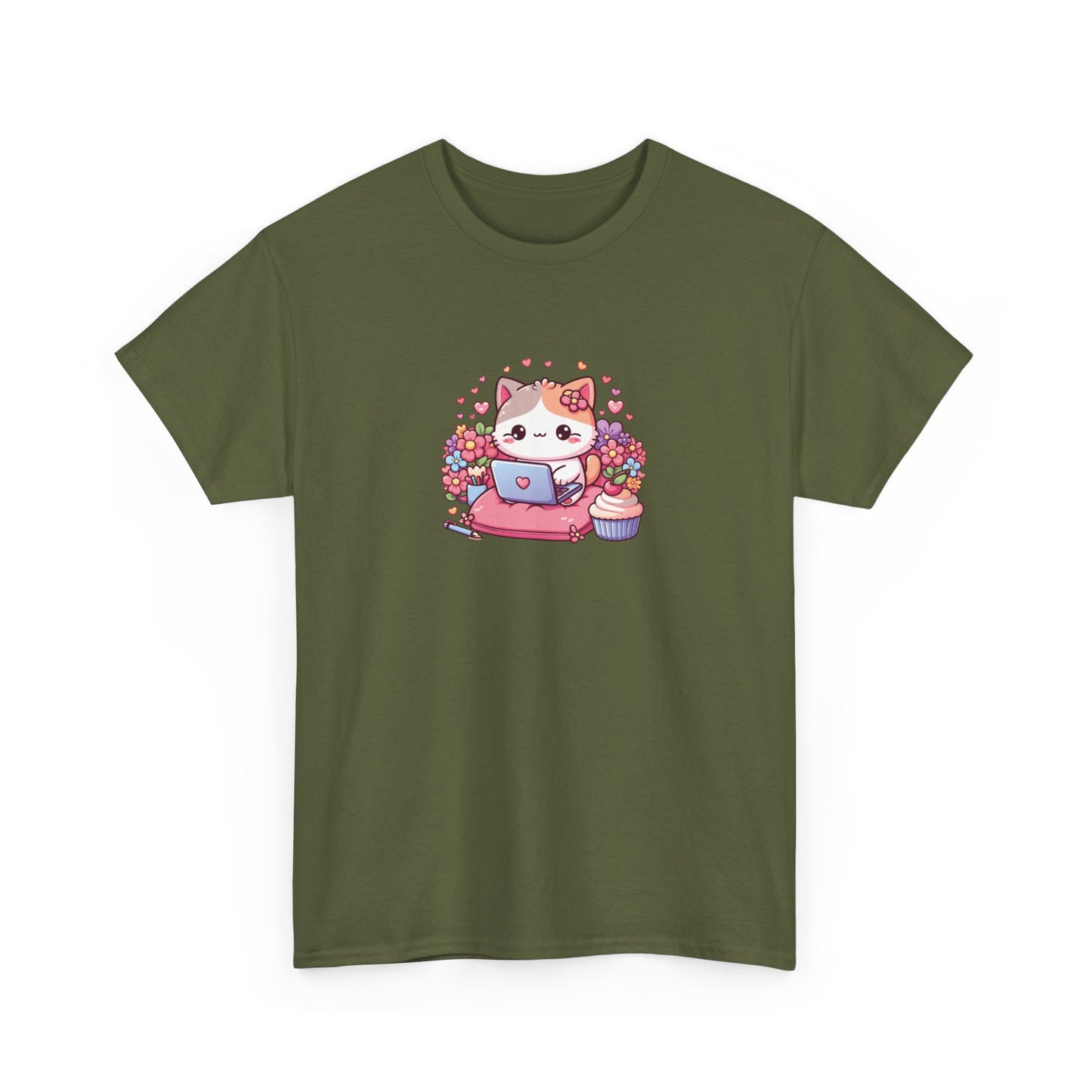Cat with Cupcake and Laptop Short Sleeve Tee