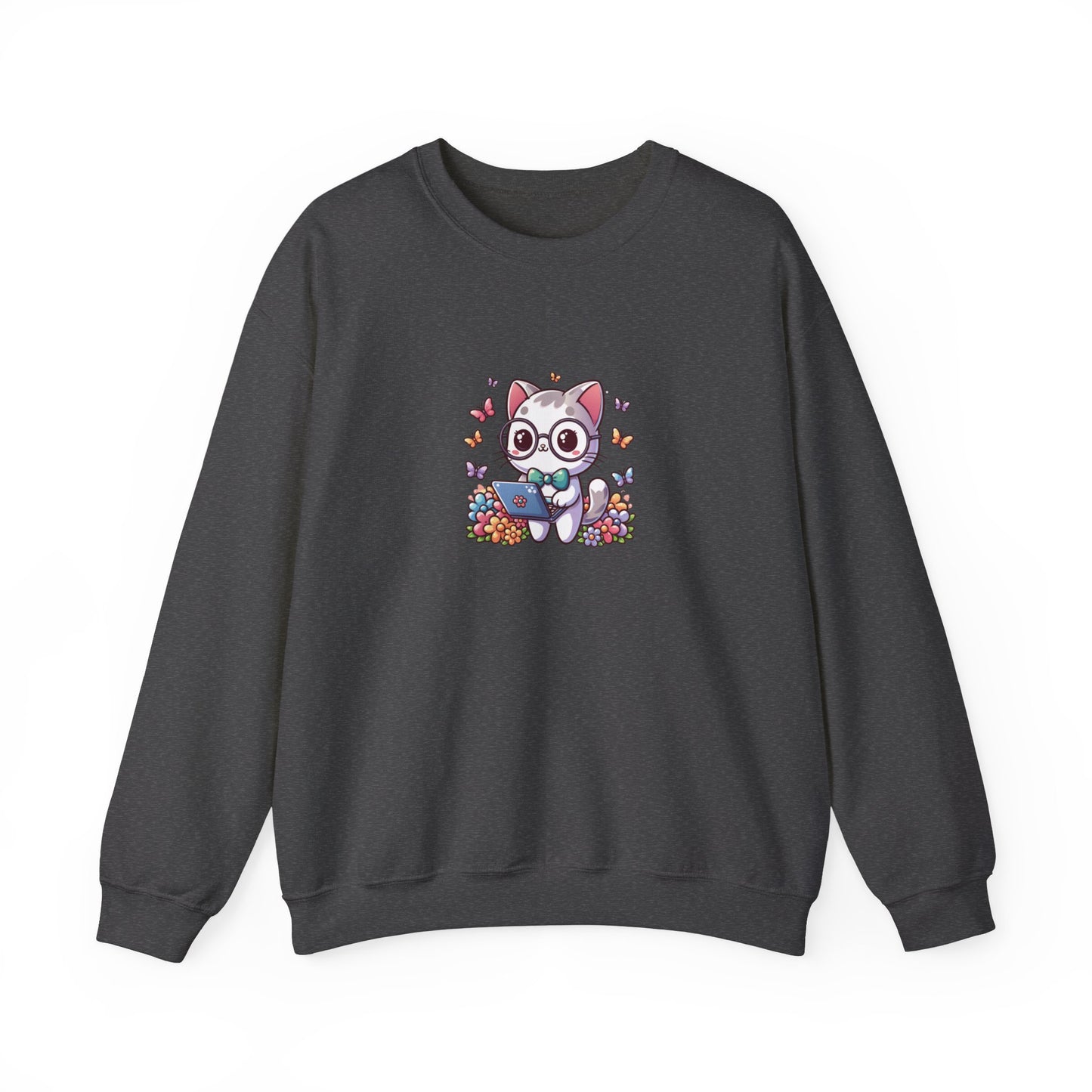 Gray Cat with Flowers and Laptop Sweatshirt