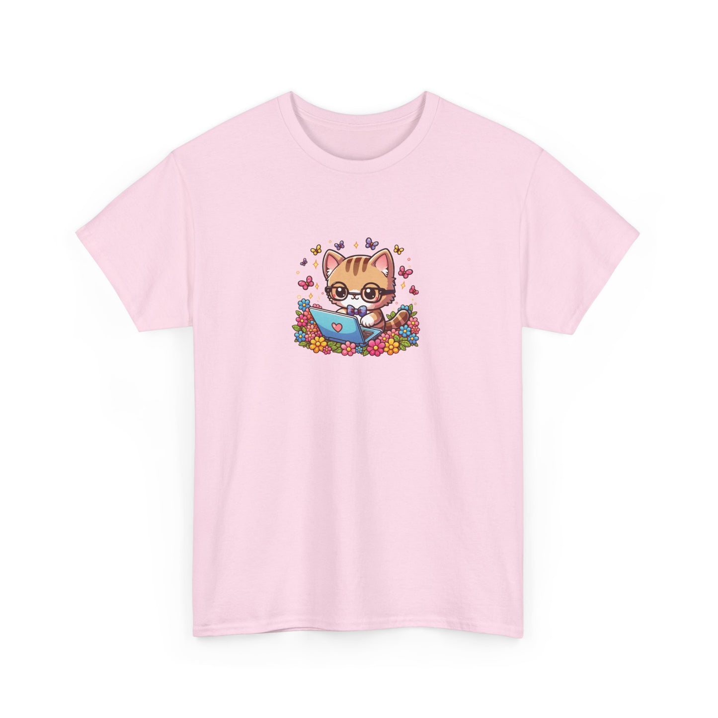 Cat with Flowers and Laptop Short Sleeve Tee