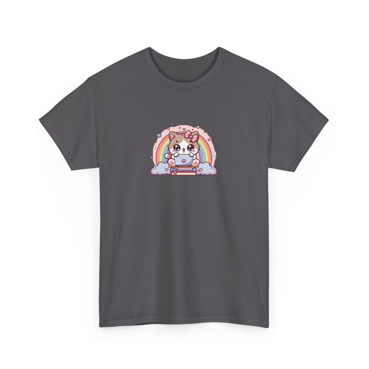 Cat with Rainbow and Laptop Short Sleeve Tee