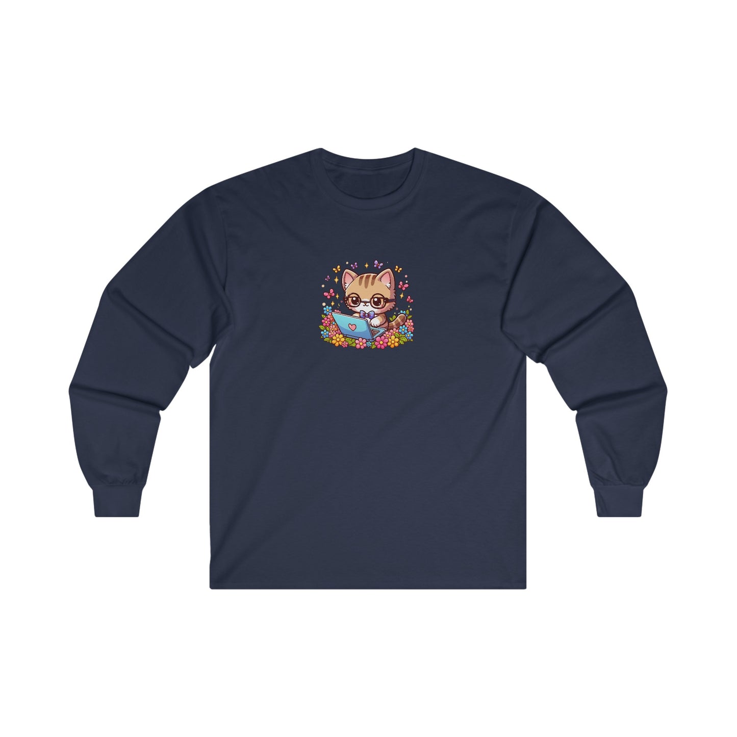 Cat with Flowers and Laptop Long Sleeve Tee