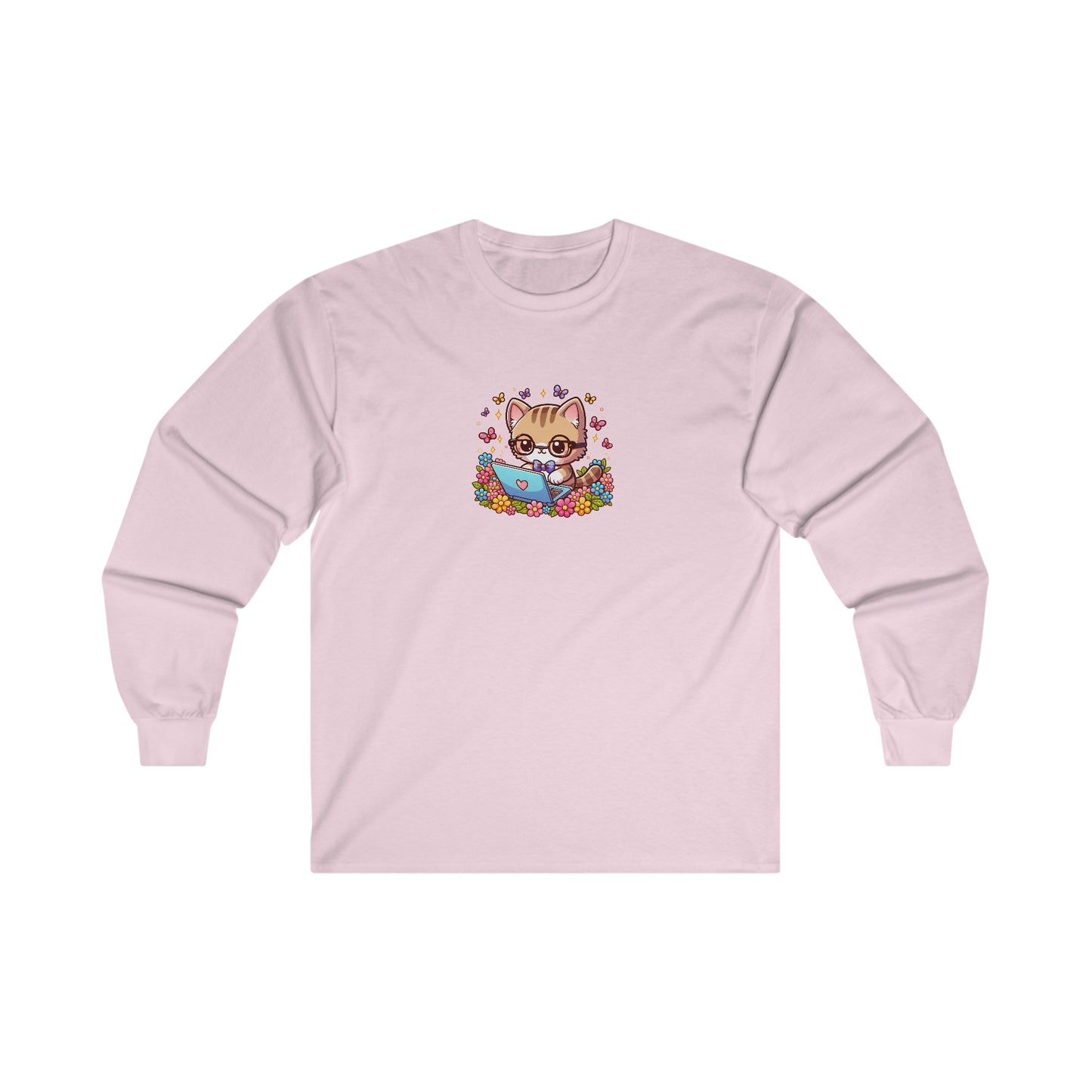 Cat with Flowers and Laptop Long Sleeve Tee