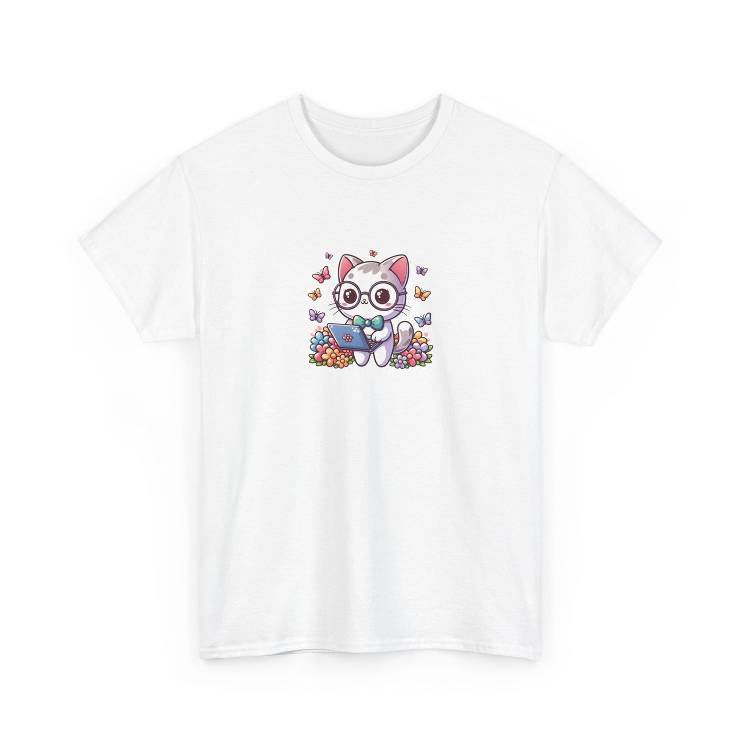 Gray Cat with Flowers and Laptop Short Sleeve Tee