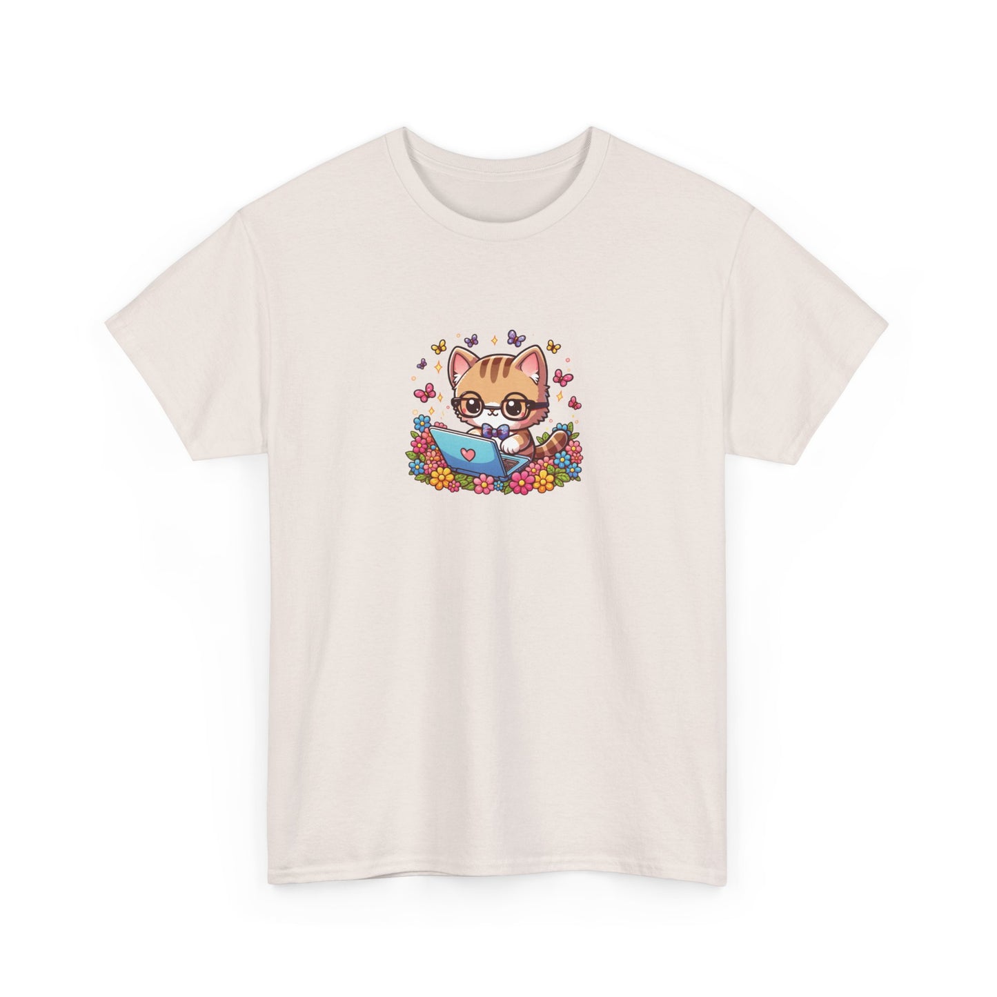 Cat with Flowers and Laptop Short Sleeve Tee