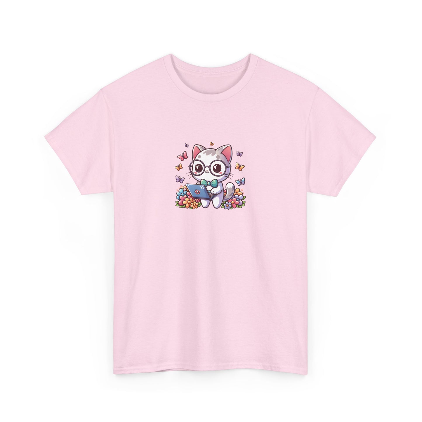 Gray Cat with Flowers and Laptop Short Sleeve Tee