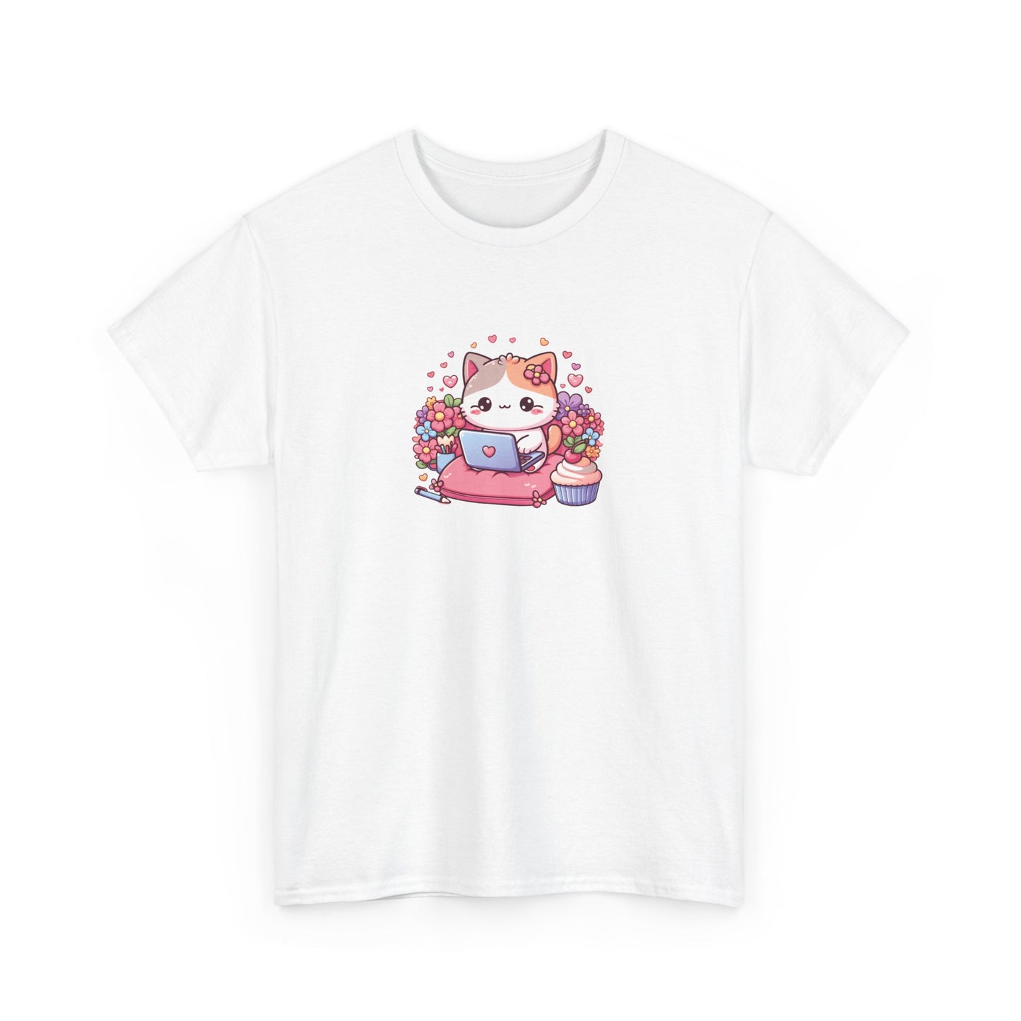 Cat with Cupcake and Laptop Short Sleeve Tee