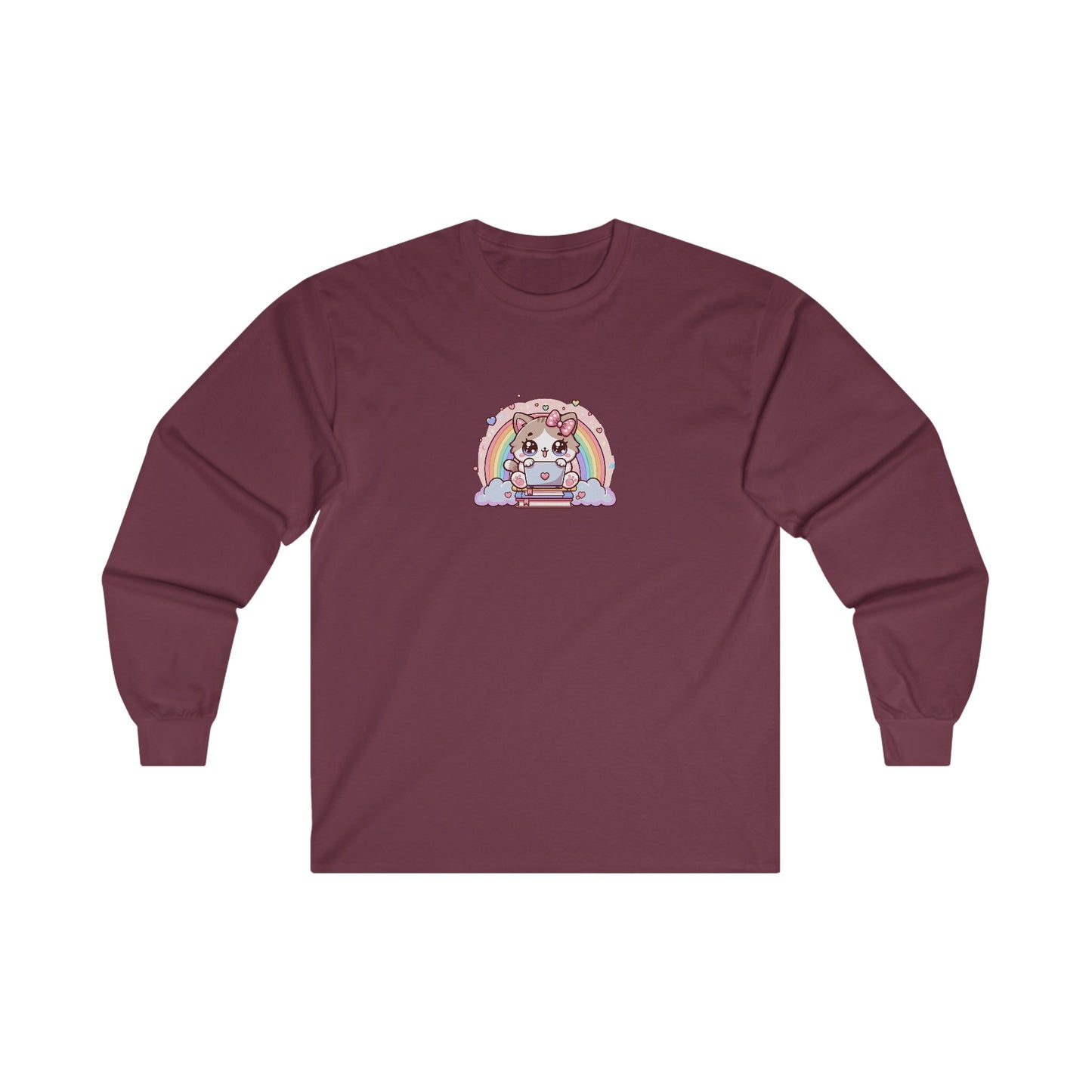 Cat with Rainbow and Laptop Long Sleeve Tee