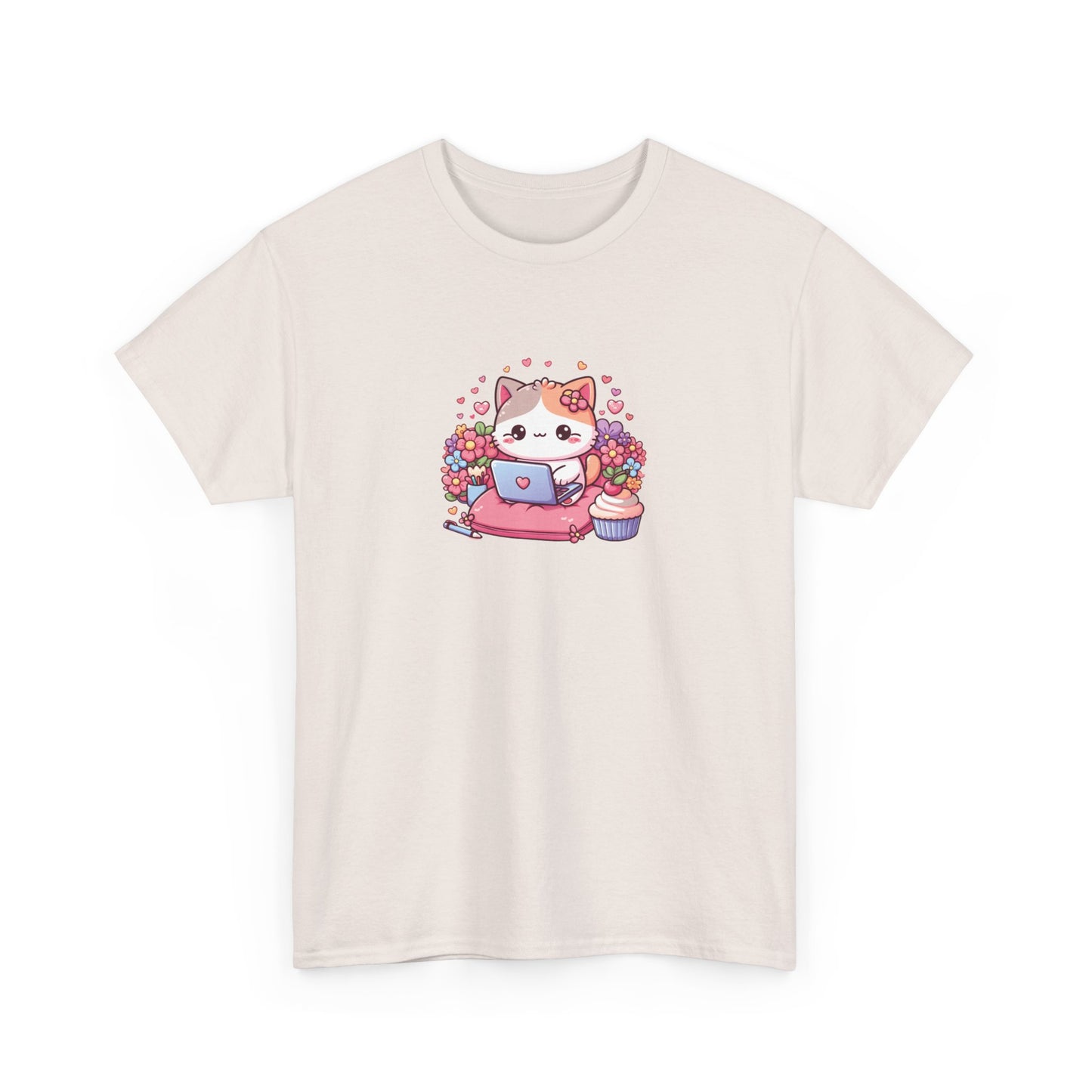 Cat with Cupcake and Laptop Short Sleeve Tee