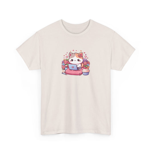 Cat with Cupcake and Laptop Short Sleeve Tee