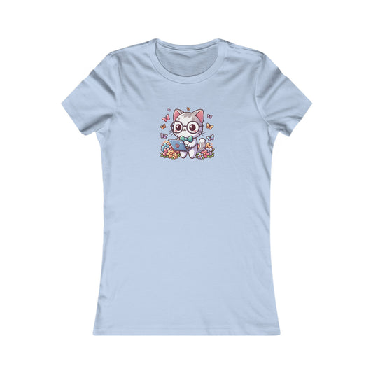 Gray Cat with Flowers and Laptop Fitted Tee