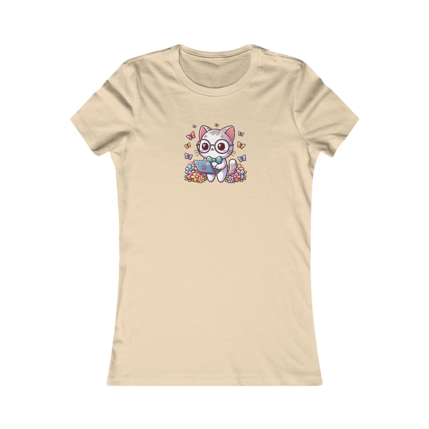 Gray Cat with Flowers and Laptop Fitted Tee