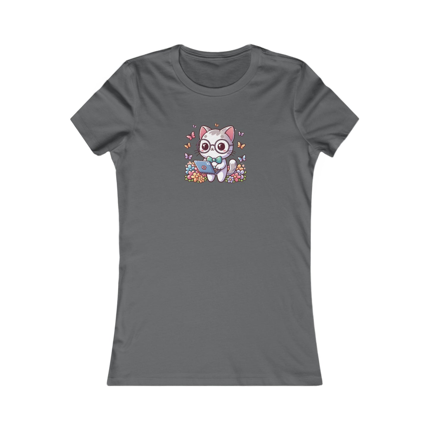 Gray Cat with Flowers and Laptop Fitted Tee